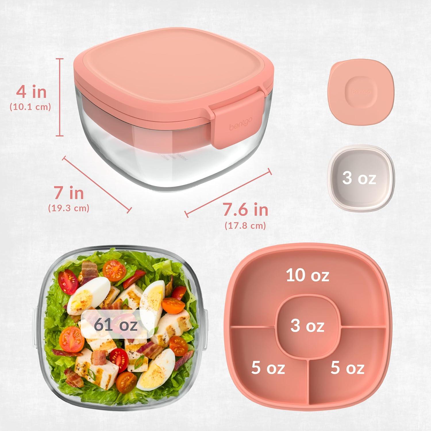 imageBentgo Glass AllinOne Salad Container  Large 61oz Salad Bowl with Lid 4Compartment BentoStyle Tray 3oz Sauce Container and Reusable Fork  Dishwasher Microwave and Oven Safe LavenderCoral