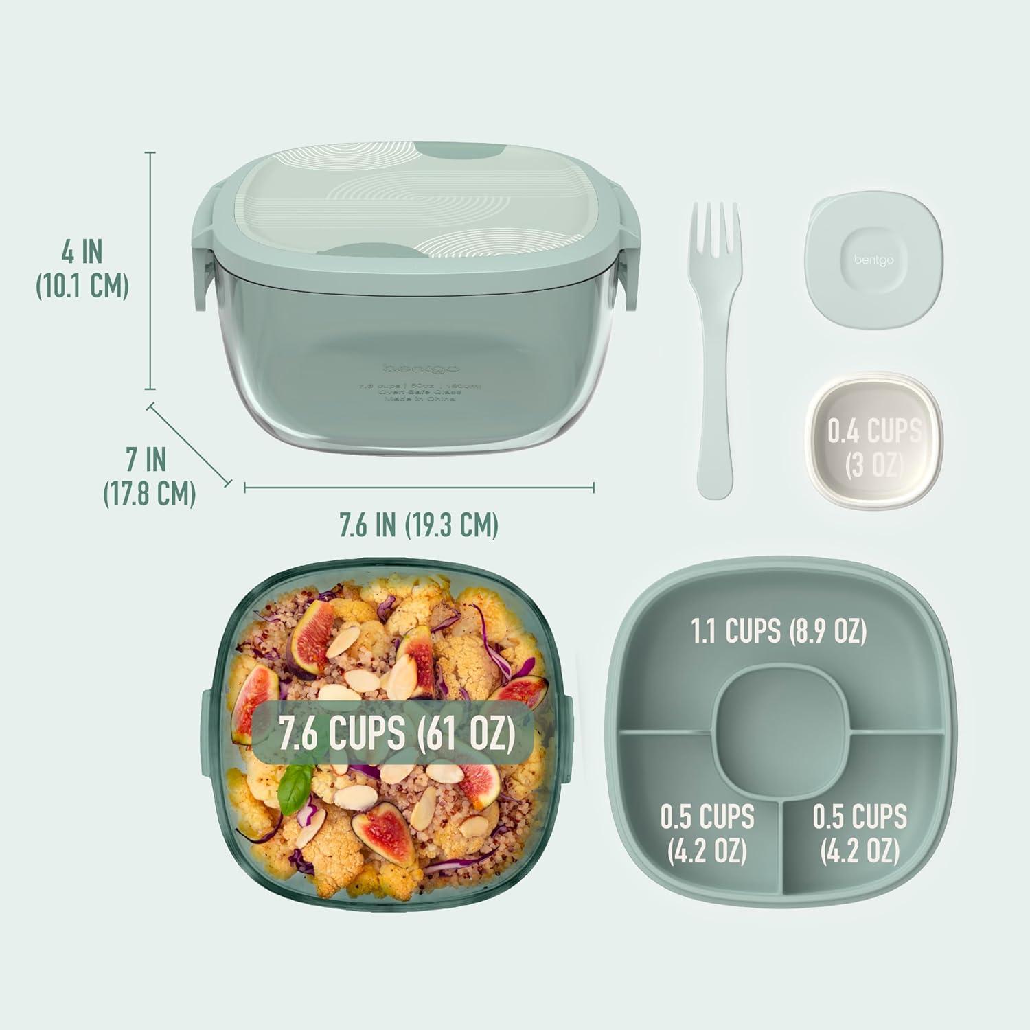 imageBentgo Glass AllinOne Salad Container  Large 61oz Salad Bowl with Lid 4Compartment BentoStyle Tray 3oz Sauce Container and Reusable Fork  Dishwasher Microwave and Oven Safe LavenderMod Curve  Serene Green