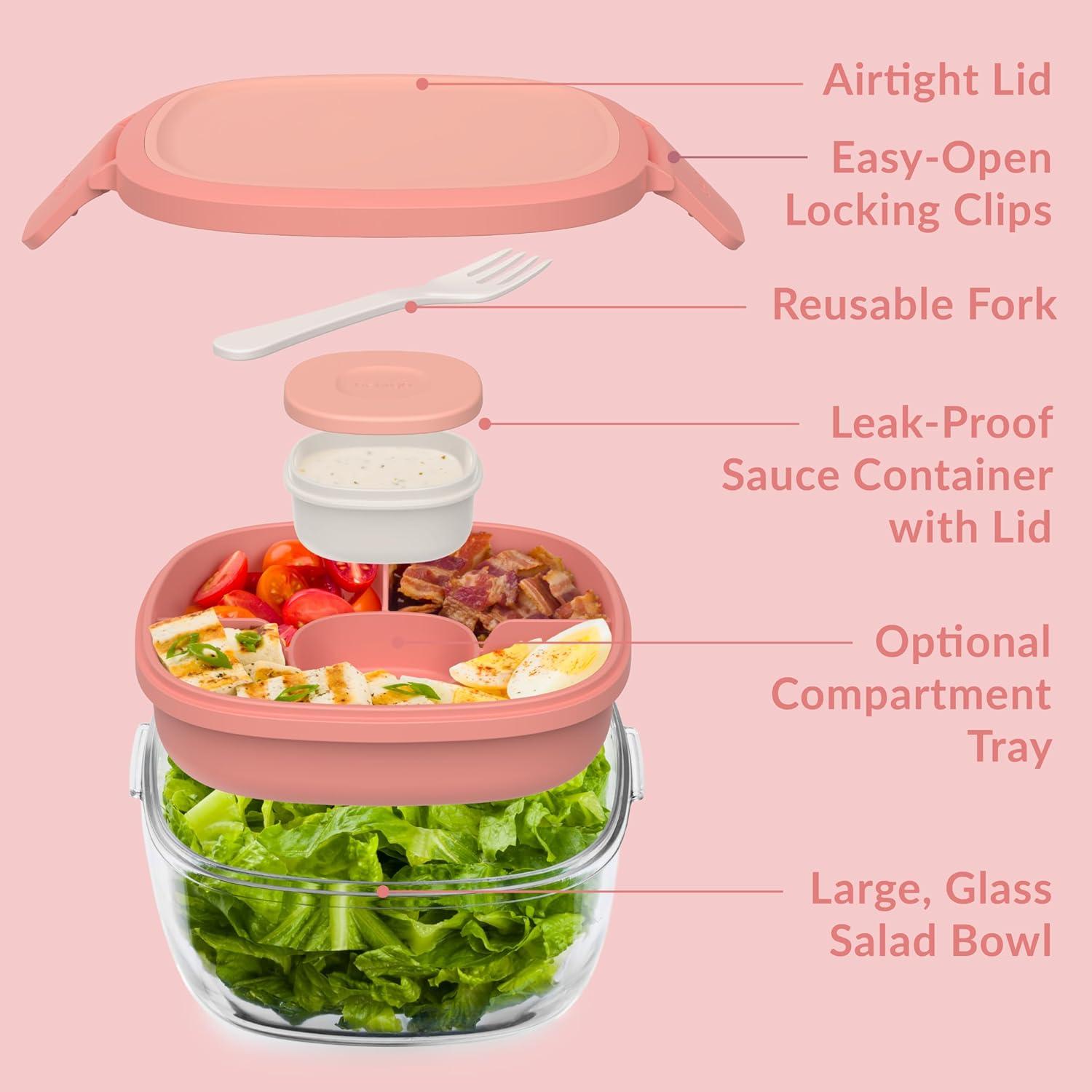 imageBentgo Glass AllinOne Salad Container  Large 61oz Salad Bowl with Lid 4Compartment BentoStyle Tray 3oz Sauce Container and Reusable Fork  Dishwasher Microwave and Oven Safe LavenderCoral