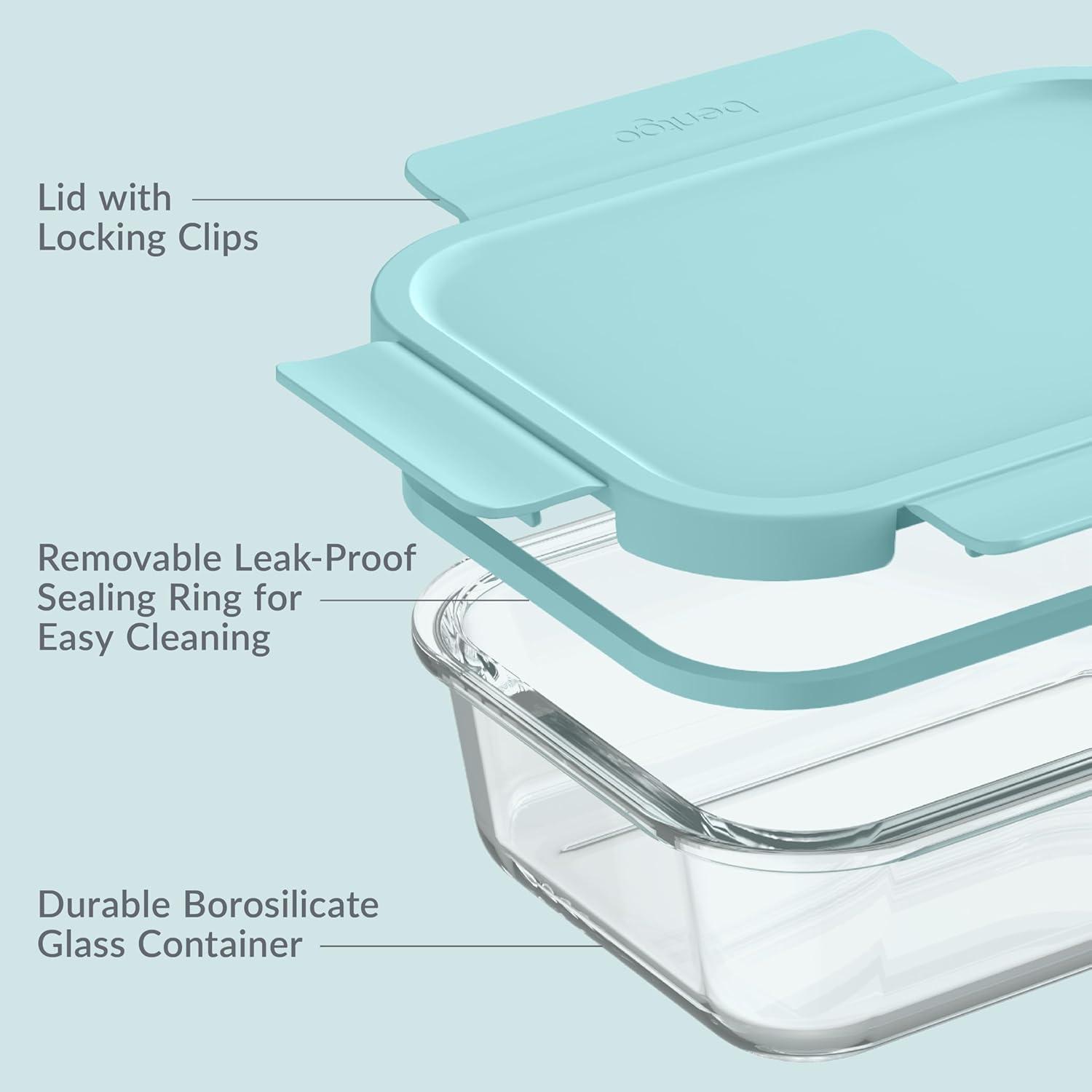 imageBentgo Glass LeakProof Food Storage Set  4Piece Glass Containers with BPAFree Airtight Lids Reusable ampamp Durable for Leftovers ampamp Meal Prep  Microwave Freezer Oven ampamp Dishwasher Safe Soft Aqua4Piece Set Soft Aqua