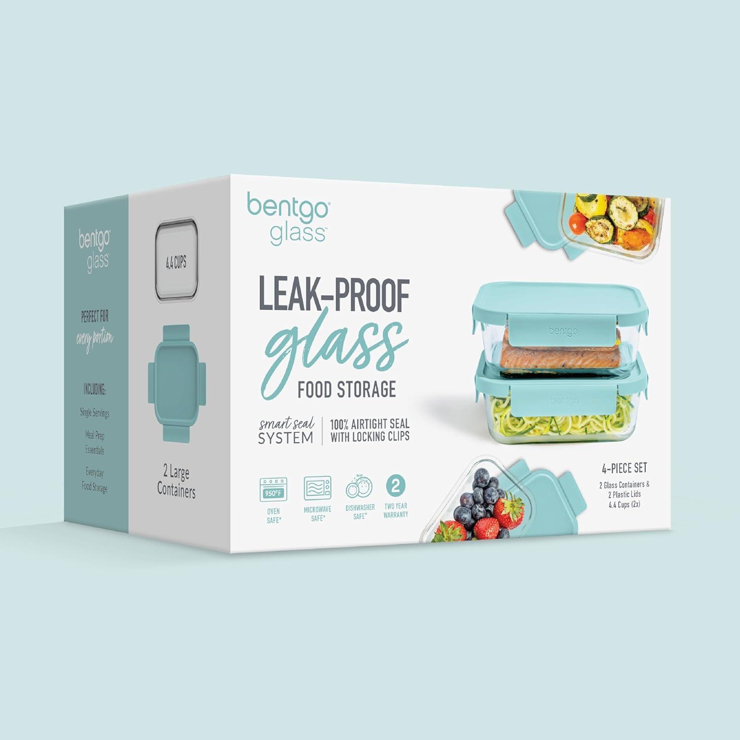 imageBentgo Glass LeakProof Food Storage Set  4Piece Glass Containers with BPAFree Airtight Lids Reusable ampamp Durable for Leftovers ampamp Meal Prep  Microwave Freezer Oven ampamp Dishwasher Safe Soft Aqua4Piece Set Soft Aqua