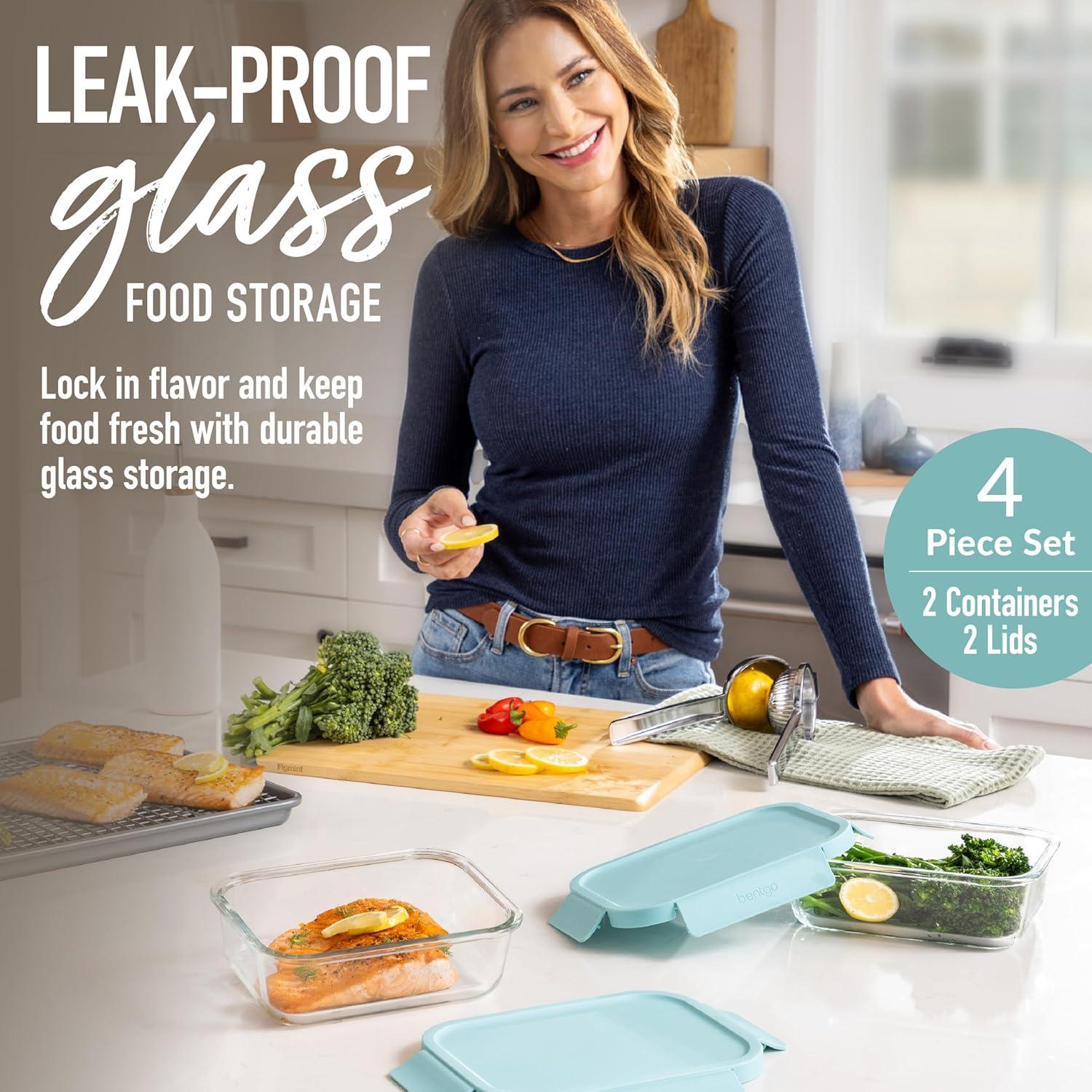 imageBentgo Glass LeakProof Food Storage Set  4Piece Glass Containers with BPAFree Airtight Lids Reusable ampamp Durable for Leftovers ampamp Meal Prep  Microwave Freezer Oven ampamp Dishwasher Safe Soft Aqua4Piece Set Soft Aqua