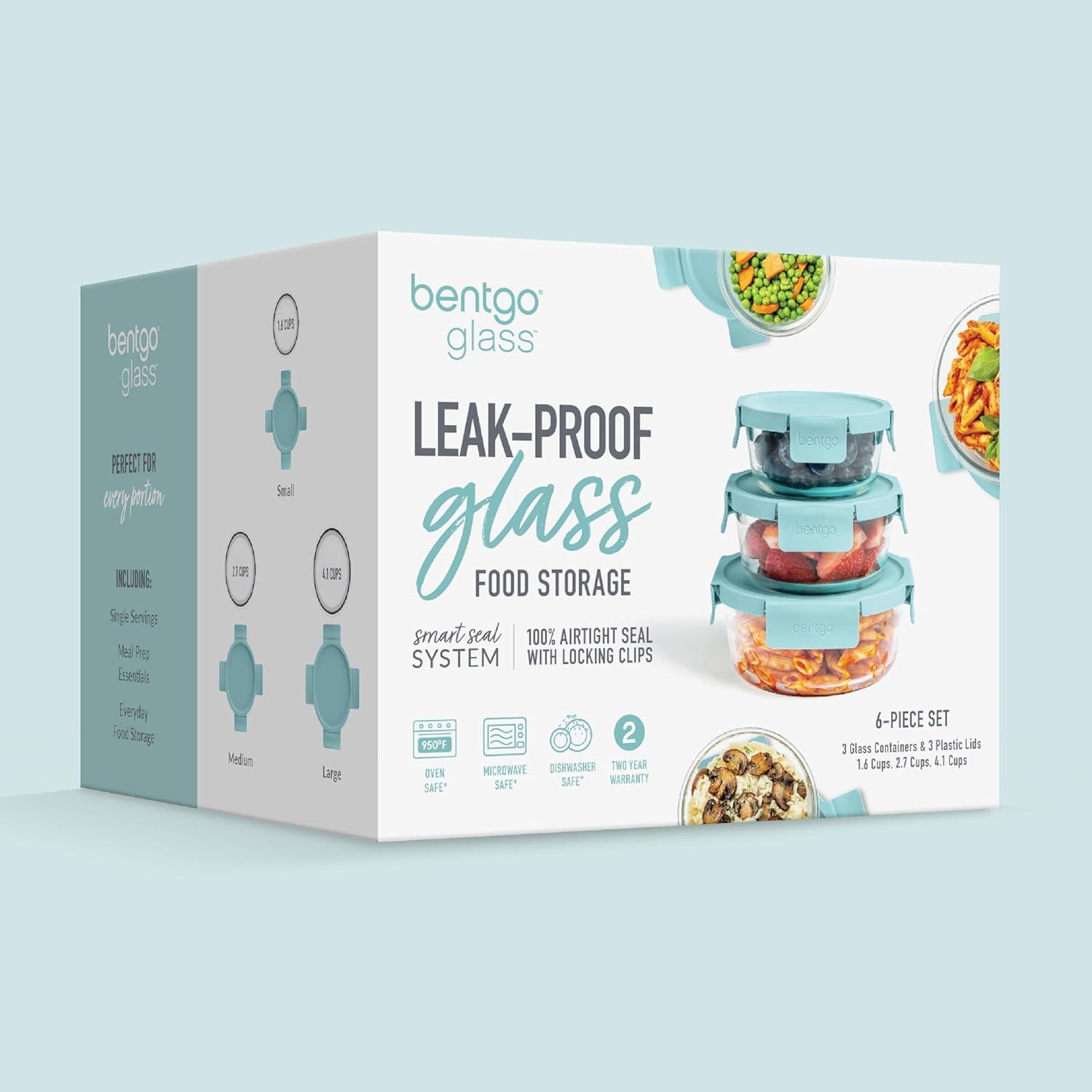 imageBentgo Glass LeakProof Food Storage Set  4Piece Glass Containers with BPAFree Airtight Lids Reusable ampamp Durable for Leftovers ampamp Meal Prep  Microwave Freezer Oven ampamp Dishwasher Safe Soft Aqua6Piece Set Soft Aqua