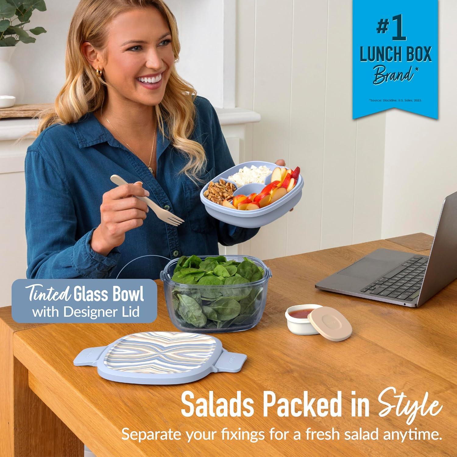 imageBentgo Glass Prints AllinOne Salad Container  61oz Tinted Glass Salad Bowl with Lid BentoStyle Tray Sauce Container ampamp Reusable Fork  Dishwasher ampamp Microwave Safe Wildly Chic  Soft Blue