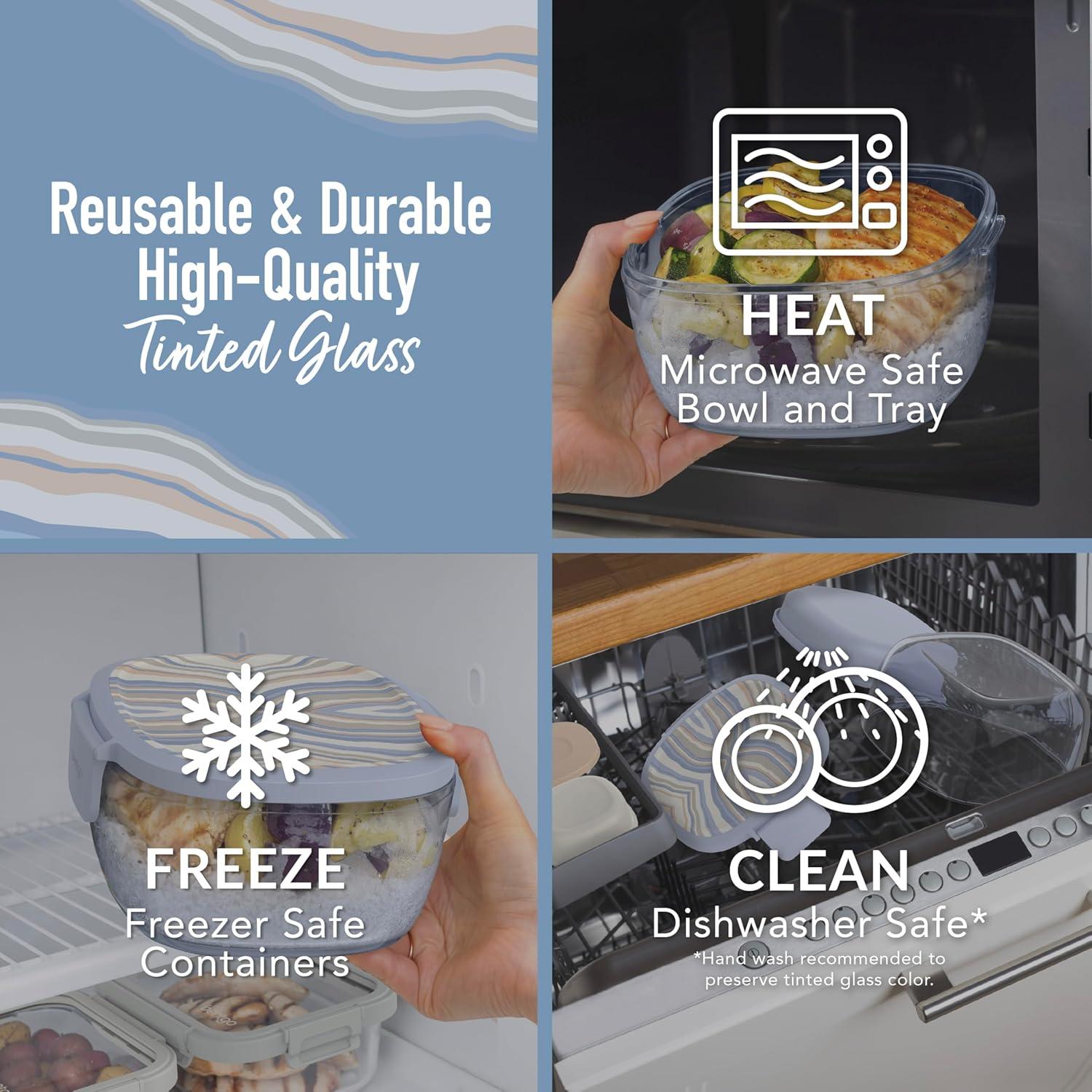 imageBentgo Glass Prints AllinOne Salad Container  61oz Tinted Glass Salad Bowl with Lid BentoStyle Tray Sauce Container ampamp Reusable Fork  Dishwasher ampamp Microwave Safe Wildly Chic  Soft Blue