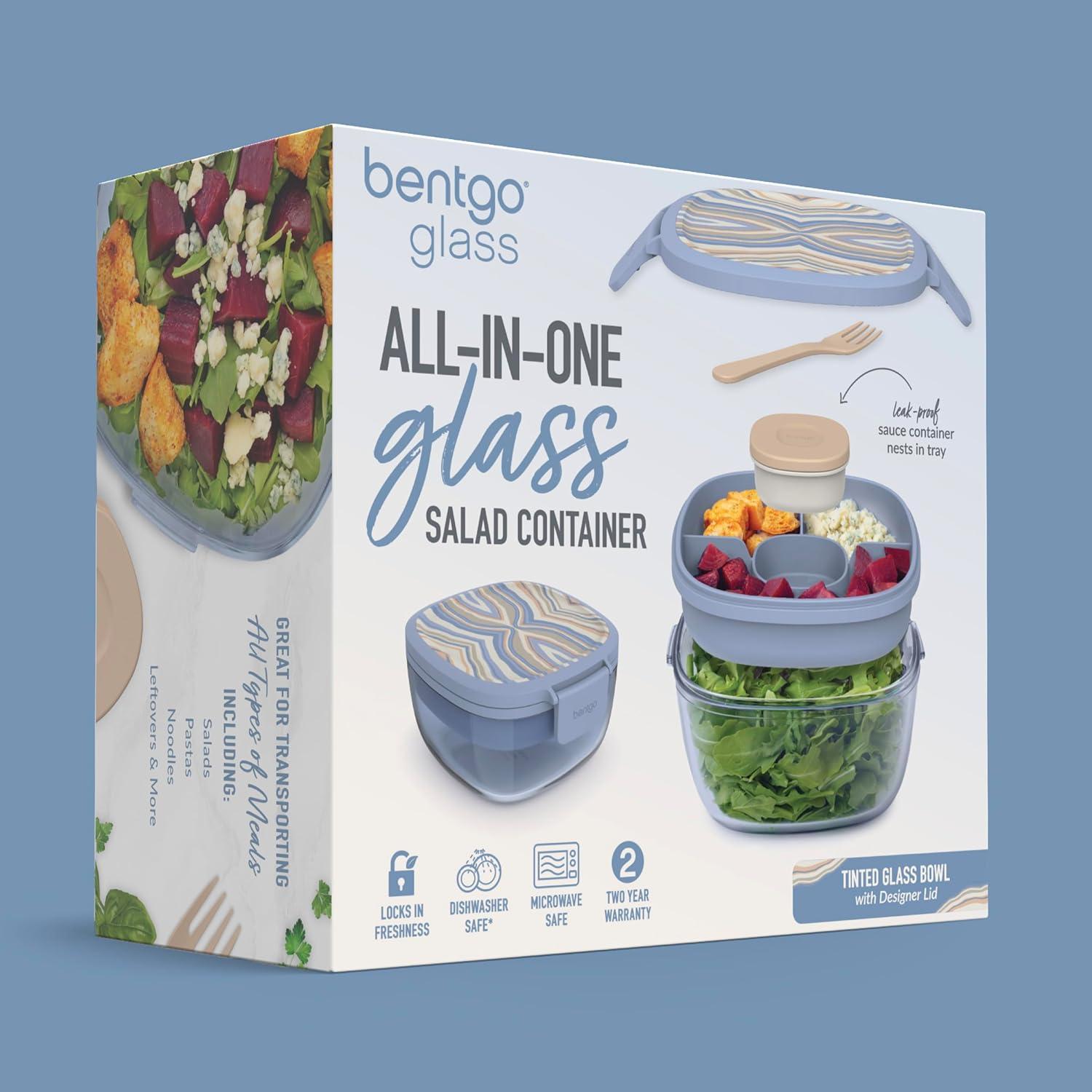 imageBentgo Glass Prints AllinOne Salad Container  61oz Tinted Glass Salad Bowl with Lid BentoStyle Tray Sauce Container ampamp Reusable Fork  Dishwasher ampamp Microwave Safe Wildly Chic  Soft Blue