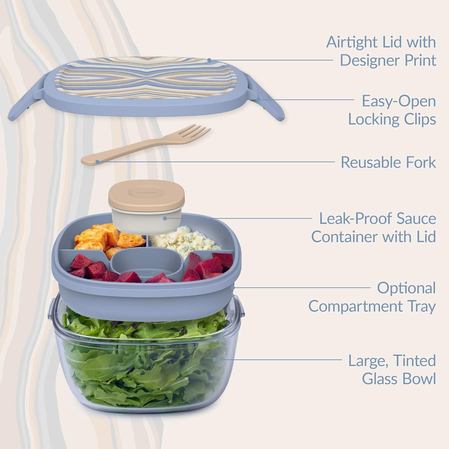 imageBentgo Glass Prints AllinOne Salad Container  61oz Tinted Glass Salad Bowl with Lid BentoStyle Tray Sauce Container ampamp Reusable Fork  Dishwasher ampamp Microwave Safe Wildly Chic  Soft Blue