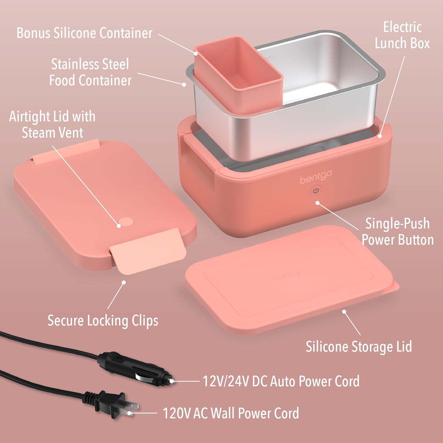 imageBentgo Heat  Electric Lunch Box  Portable Food Warmer for Adults Heated Lunch Box for Work Travel School ampamp On the Go Plug Into Wall or Car Ideal for Ages 14 12V24V ampamp 120V Cords Pink SpicePink Spice