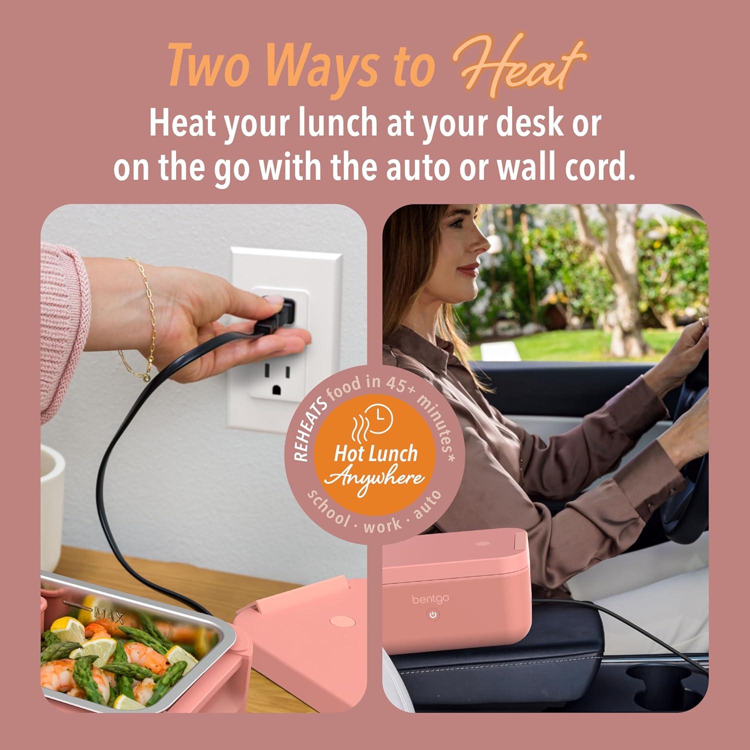 imageBentgo Heat  Electric Lunch Box  Portable Food Warmer for Adults Heated Lunch Box for Work Travel School ampamp On the Go Plug Into Wall or Car Ideal for Ages 14 12V24V ampamp 120V Cords Pink SpicePink Spice