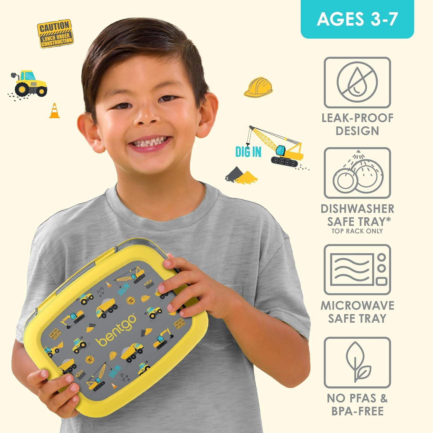 imageBentgo Kids 5Compartment LeakProof BentoStyle Lunch Box Whimsy ampamp Wonder Collection  Ideal for Ages 37 DropProof ampamp Durable Dishwasher Safe ampamp PFAS ampamp BPAFree Materials WavyConstruction Trucks