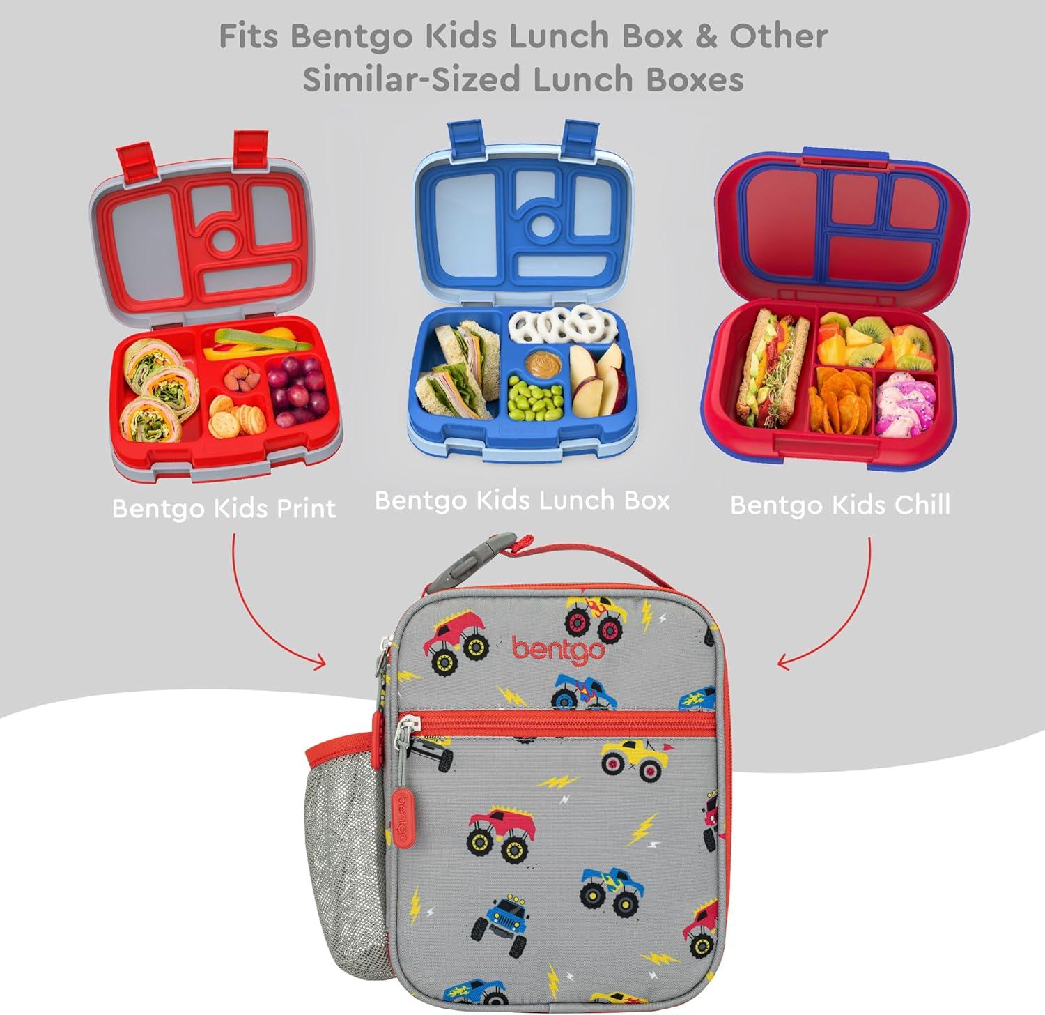 imageBentgo Kids Insulated Lunch Tote  WaterResistant Reusable Lightweight ampamp Durable Lunch Bag with Water Bottle Holder ampamp Mesh Pocket Fits Lunch Box ampamp Water Bottle  Ideal for Ages 3 RainbowTrucks