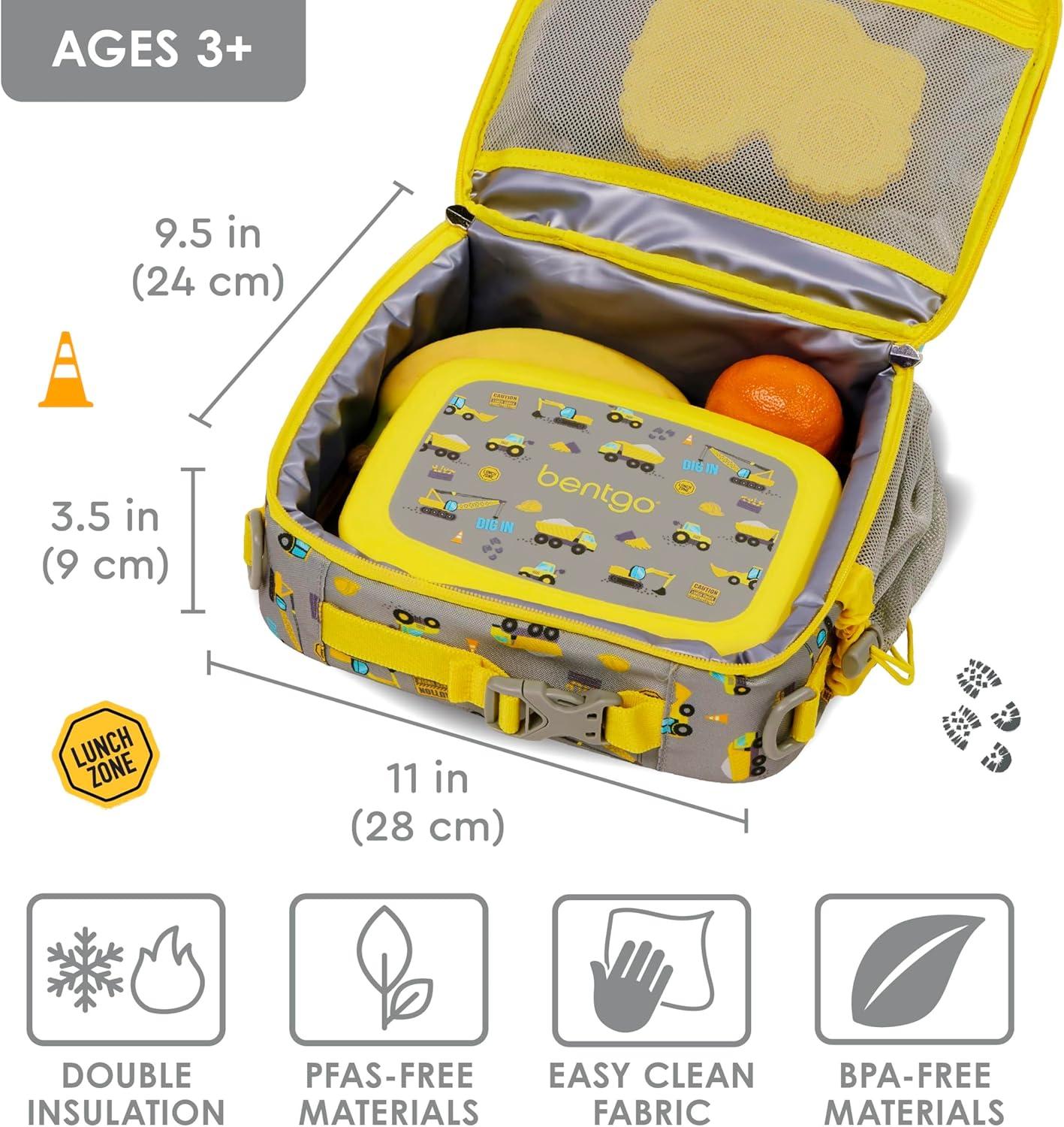 imageBentgo Kids Lunch Bag Whimsy ampamp Wonder Collection  Durable DoubleInsulated Lunch Bag for Kids 3 Holds Lunch BoxWater BottleSnacks WaterResistant Fabric ampamp Zip Pockets Starry SprinkleConstruction Trucks