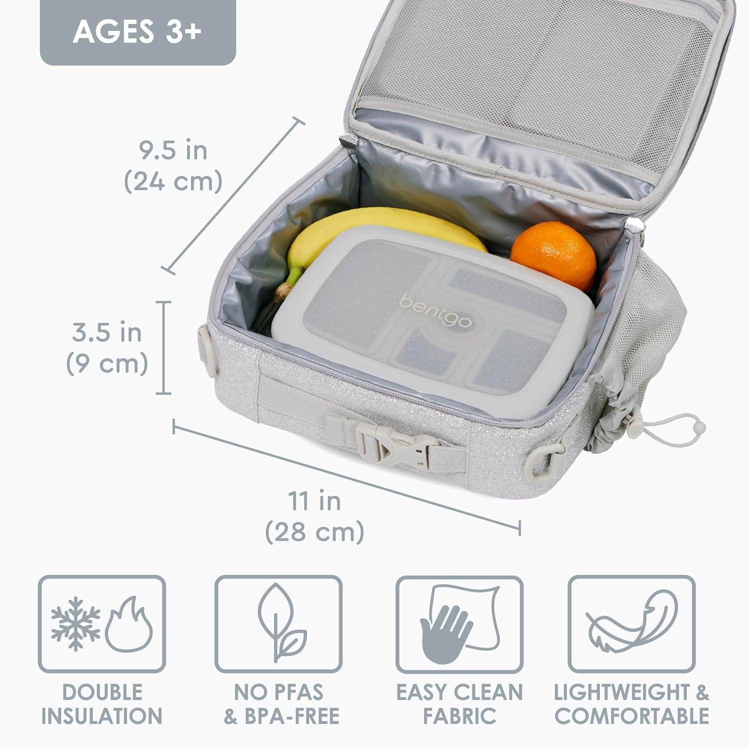 imageBentgo Kids Lunch Bag Whimsy ampamp Wonder Collection  Durable DoubleInsulated Lunch Bag for Kids 3 Holds Lunch BoxWater BottleSnacks WaterResistant Fabric ampamp Zip Pockets Starry SprinkleGlitter Edition  Silver