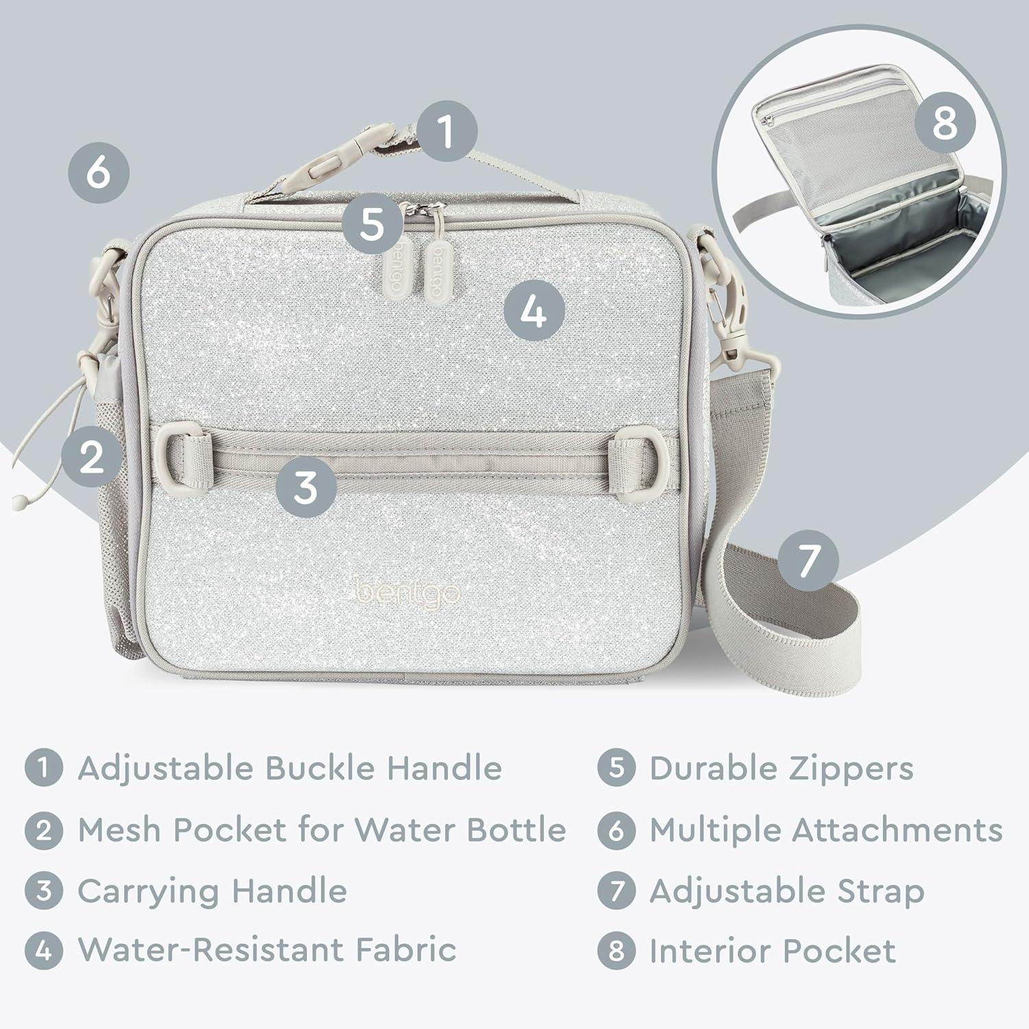 imageBentgo Kids Lunch Bag Whimsy ampamp Wonder Collection  Durable DoubleInsulated Lunch Bag for Kids 3 Holds Lunch BoxWater BottleSnacks WaterResistant Fabric ampamp Zip Pockets Starry SprinkleGlitter Edition  Silver