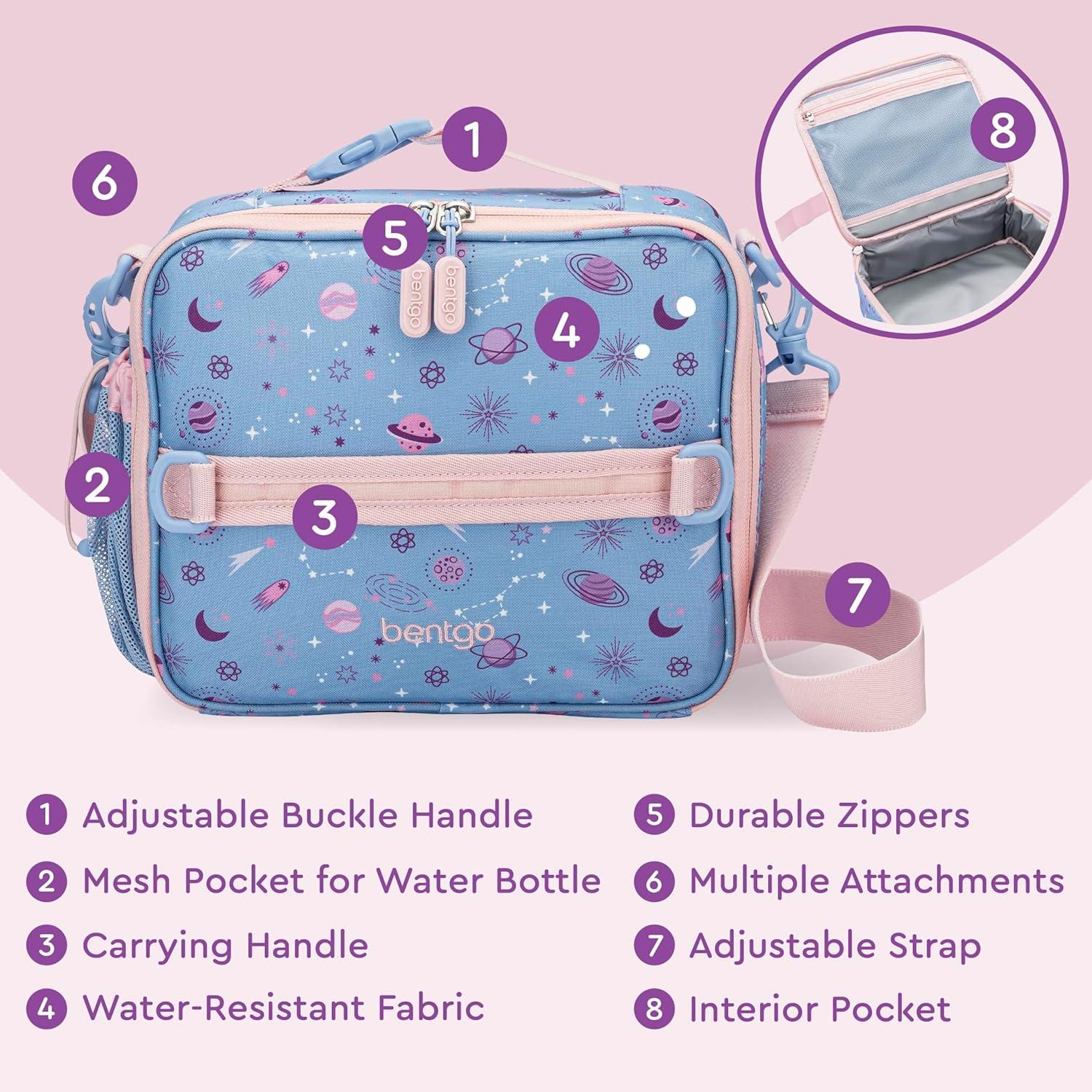 imageBentgo Kids Lunch Bag Whimsy ampamp Wonder Collection  Durable DoubleInsulated Lunch Bag for Kids 3 Holds Lunch BoxWater BottleSnacks WaterResistant Fabric ampamp Zip Pockets Starry SprinkleLavender Galaxy