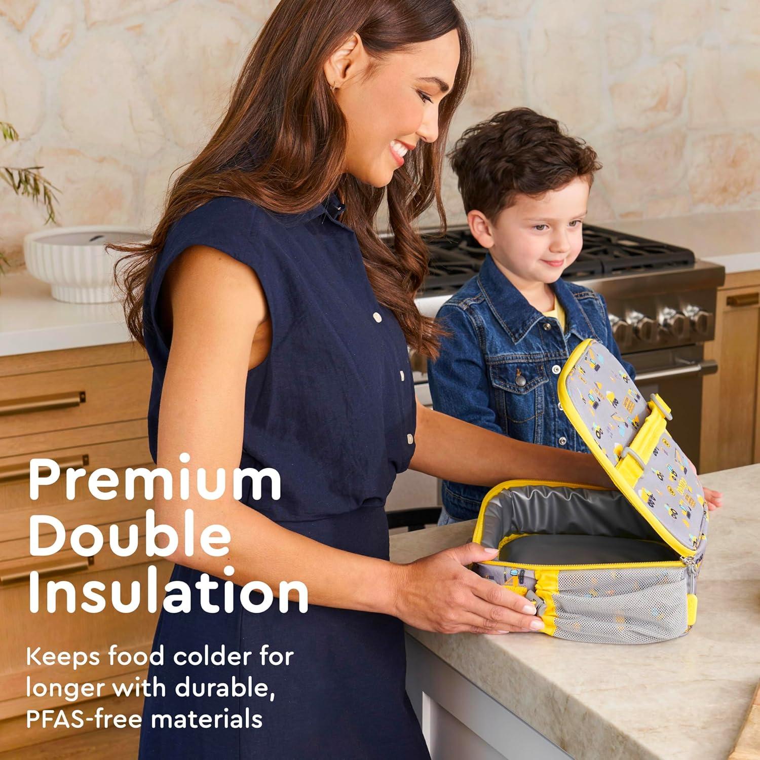 imageBentgo Kids Lunch Bag Whimsy ampamp Wonder Collection  Durable DoubleInsulated Lunch Bag for Kids 3 Holds Lunch BoxWater BottleSnacks WaterResistant Fabric ampamp Zip Pockets Starry SprinkleConstruction Trucks