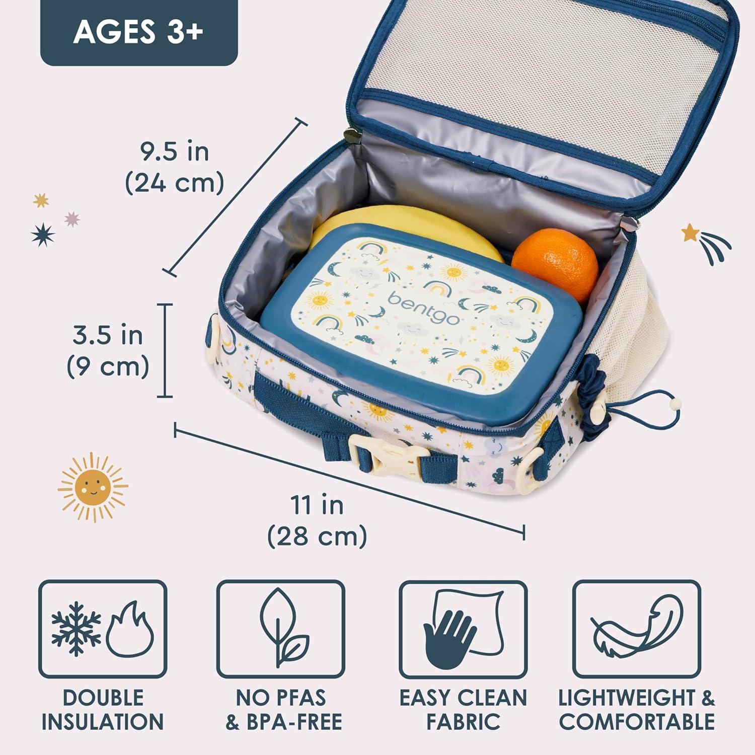 imageBentgo Kids Lunch Bag Whimsy ampamp Wonder Collection  Durable DoubleInsulated Lunch Bag for Kids 3 Holds Lunch BoxWater BottleSnacks WaterResistant Fabric ampamp Zip Pockets Starry SprinkleFriendly Skies
