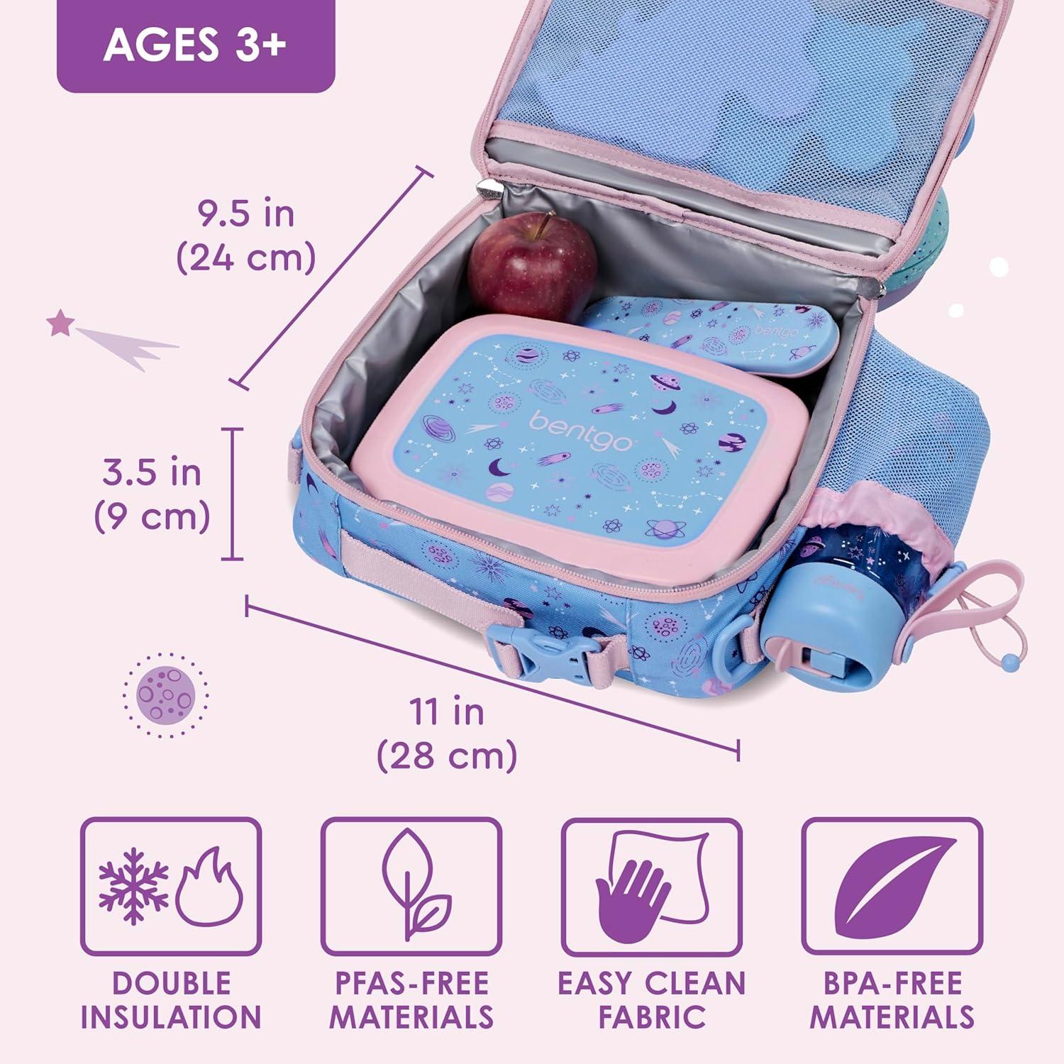 imageBentgo Kids Lunch Bag Whimsy ampamp Wonder Collection  Durable DoubleInsulated Lunch Bag for Kids 3 Holds Lunch BoxWater BottleSnacks WaterResistant Fabric ampamp Zip Pockets Starry SprinkleLavender Galaxy