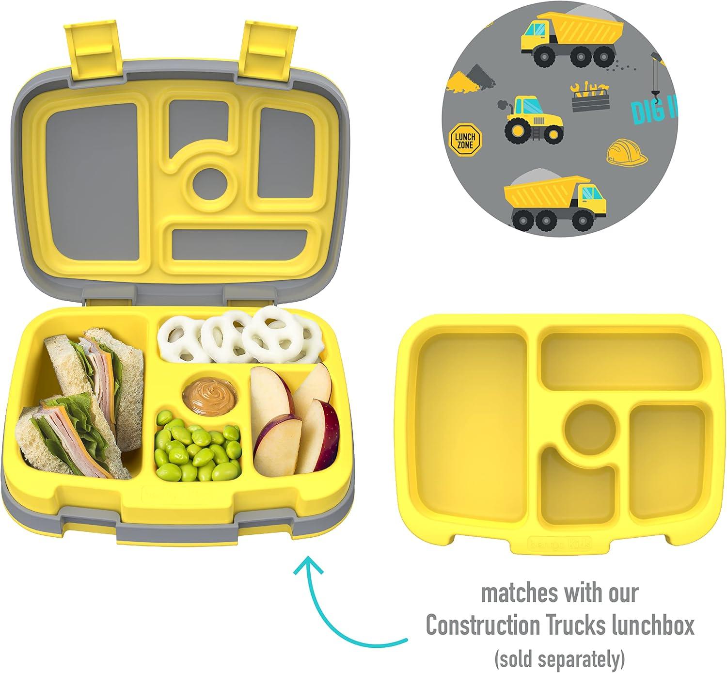 imageBentgo Kids Prints Tray with Transparent Cover  Reusable BPAFree 5Compartment Meal Prep Container with BuiltIn Portion Control for Healthy Meals At Home ampamp On the Go SafariConstruction Trucks