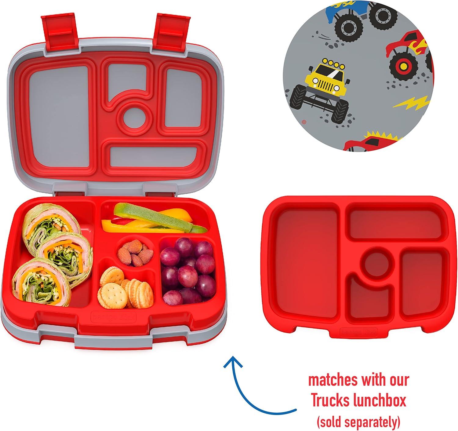 imageBentgo Kids Prints Tray with Transparent Cover  Reusable BPAFree 5Compartment Meal Prep Container with BuiltIn Portion Control for Healthy Meals At Home ampamp On the Go SafariTrucks