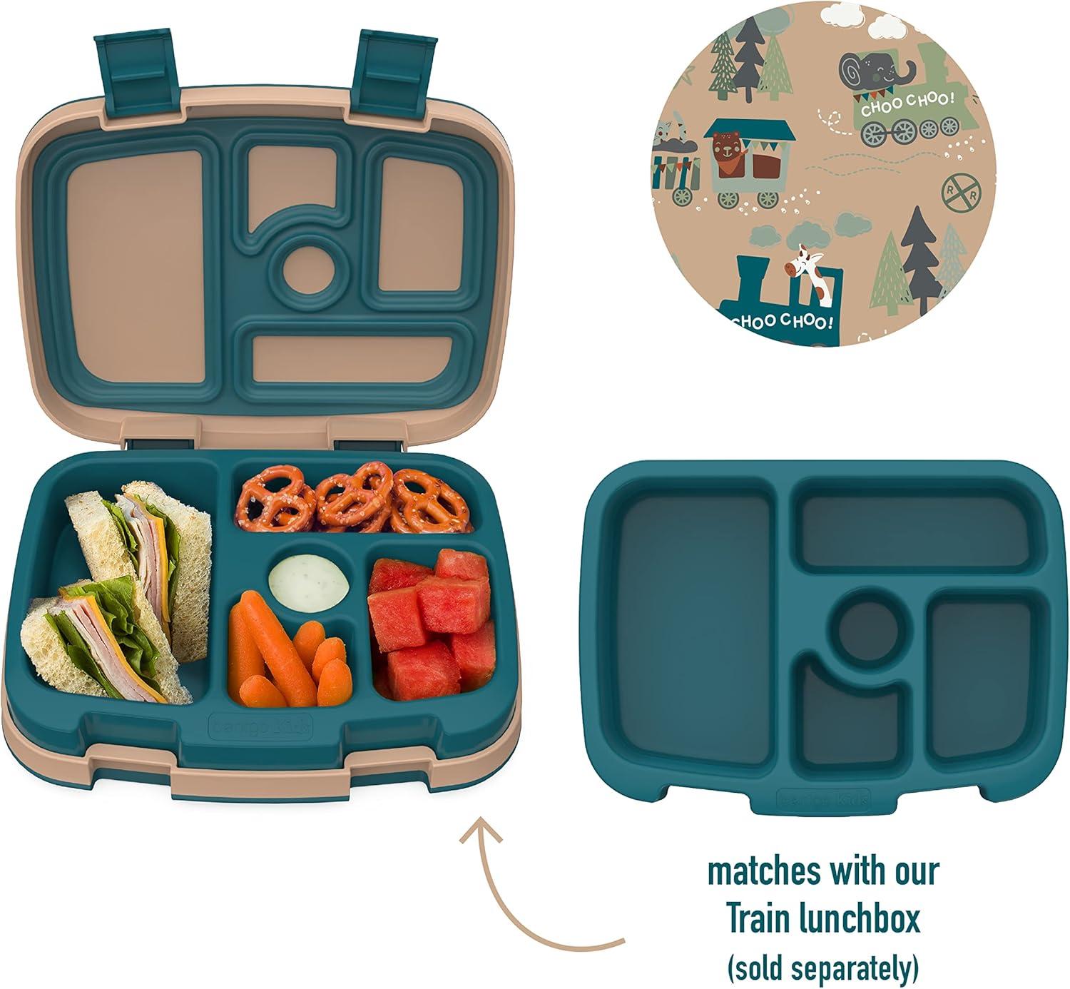 imageBentgo Kids Prints Tray with Transparent Cover  Reusable BPAFree 5Compartment Meal Prep Container with BuiltIn Portion Control for Healthy Meals At Home ampamp On the Go SafariTrains