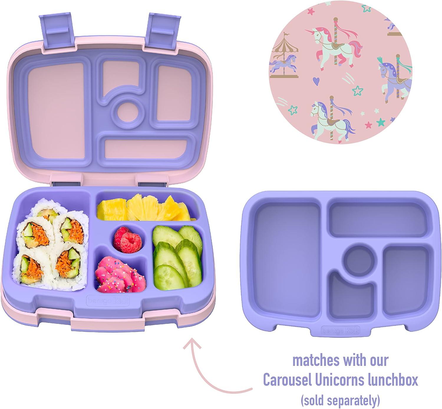 imageBentgo Kids Prints Tray with Transparent Cover  Reusable BPAFree 5Compartment Meal Prep Container with BuiltIn Portion Control for Healthy Meals At Home ampamp On the Go SafariCarousel Unicorns