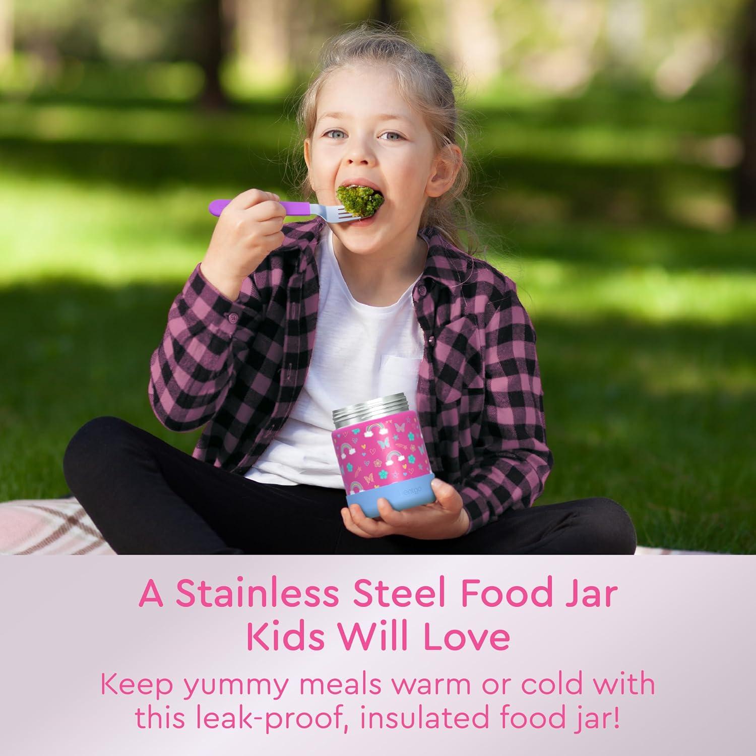 imageBentgo Kids Stainless Steel Food Jar  11oz LeakProof Double Insulated Hot or Cold Food Container with Removable Silicone Bumper Dishwasher Safe Easy Open Lid Ages 3 DinosaurRainbows and Butterflies