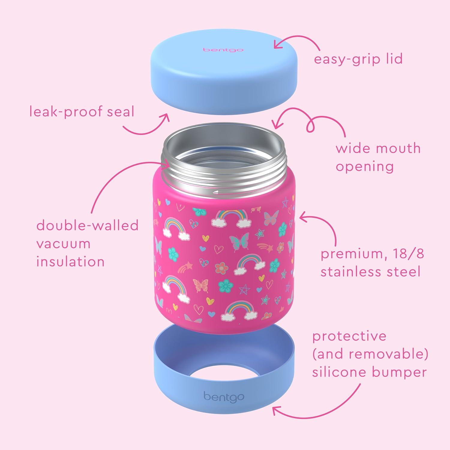 imageBentgo Kids Stainless Steel Food Jar  11oz LeakProof Double Insulated Hot or Cold Food Container with Removable Silicone Bumper Dishwasher Safe Easy Open Lid Ages 3 DinosaurRainbows and Butterflies
