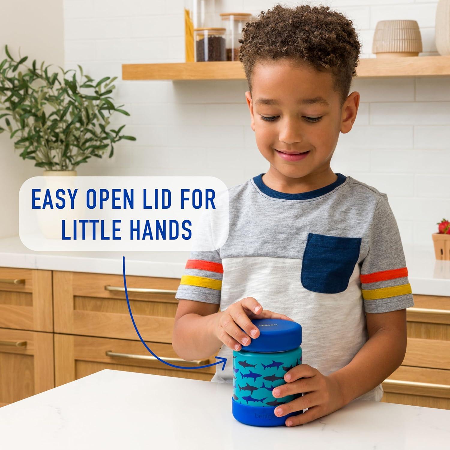 imageBentgo Kids Stainless Steel Food Jar  11oz LeakProof Double Insulated Hot or Cold Food Container with Removable Silicone Bumper Dishwasher Safe Easy Open Lid Ages 3 DinosaurShark