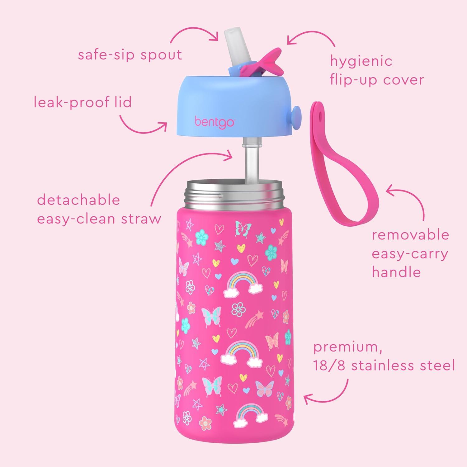 imageBentgo Kids Stainless Steel Insulated Water Bottle  LeakProof Keeps Cool for 12 Hours Durable BPAFree Dishwasher Safe 14 oz Cup for Ages 3 for SchoolSportsDaycare Rainbows ampamp ButterfliesRainbows  Butterflies