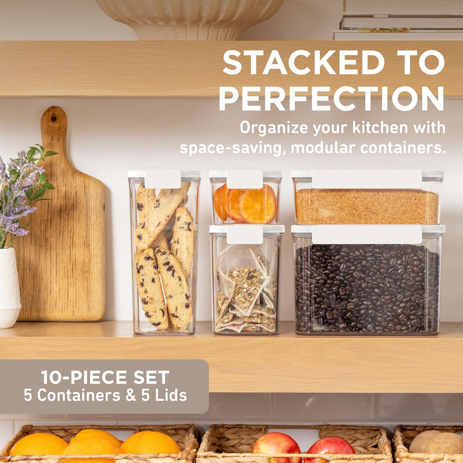 imageBentgo Pantry  10Piece Airtight Food Storage Containers Clear Stackable Kitchen ampamp Pantry Organization Locking Lids for Freshness BPAFree Plastic  Ideal for Sugar Flour ampamp More White StoneSnow