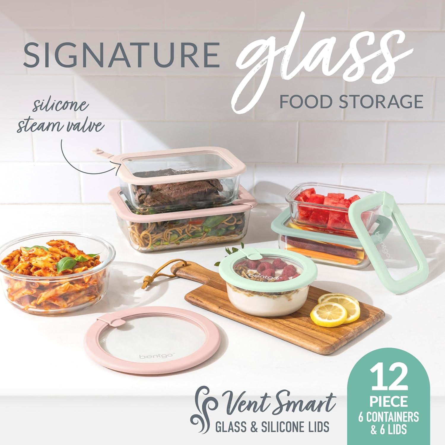 imageBentgo Signature LeakProof Glass Food Storage  12Piece Set 1Compartment PlasticFree Containers with Airtight Glass Lids BPAFree Microwave Freezer Oven ampamp Dishwasher Safe White StoneDesert Sage