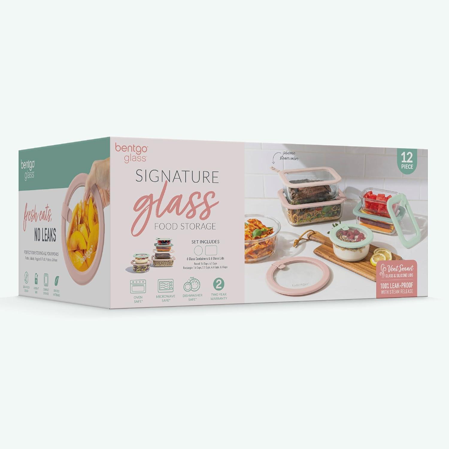 imageBentgo Signature LeakProof Glass Food Storage  12Piece Set 1Compartment PlasticFree Containers with Airtight Glass Lids BPAFree Microwave Freezer Oven ampamp Dishwasher Safe White StoneDesert Sage