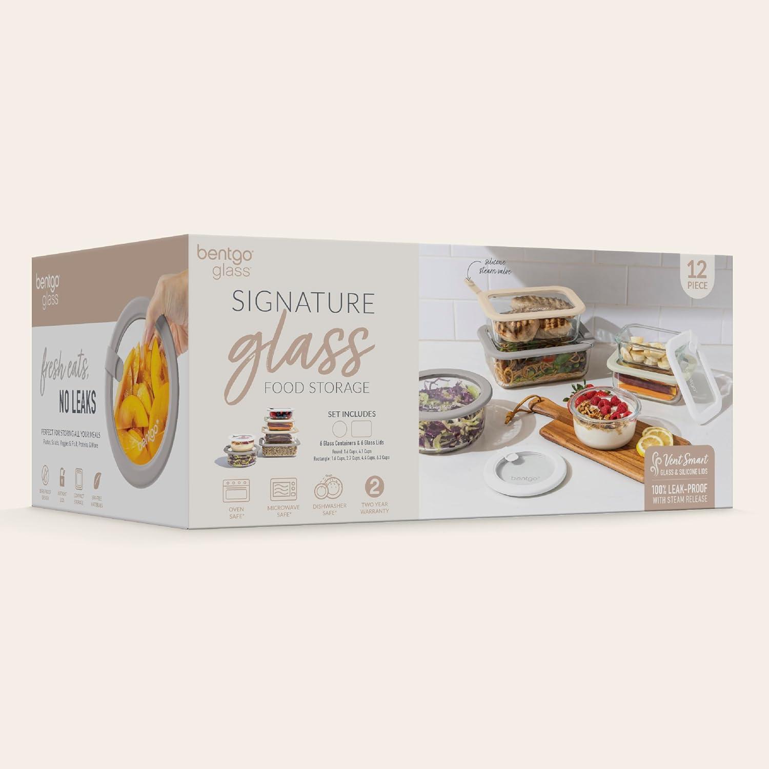 imageBentgo Signature LeakProof Glass Food Storage  12Piece Set 1Compartment PlasticFree Containers with Airtight Glass Lids BPAFree Microwave Freezer Oven ampamp Dishwasher Safe White StoneWhite Stone