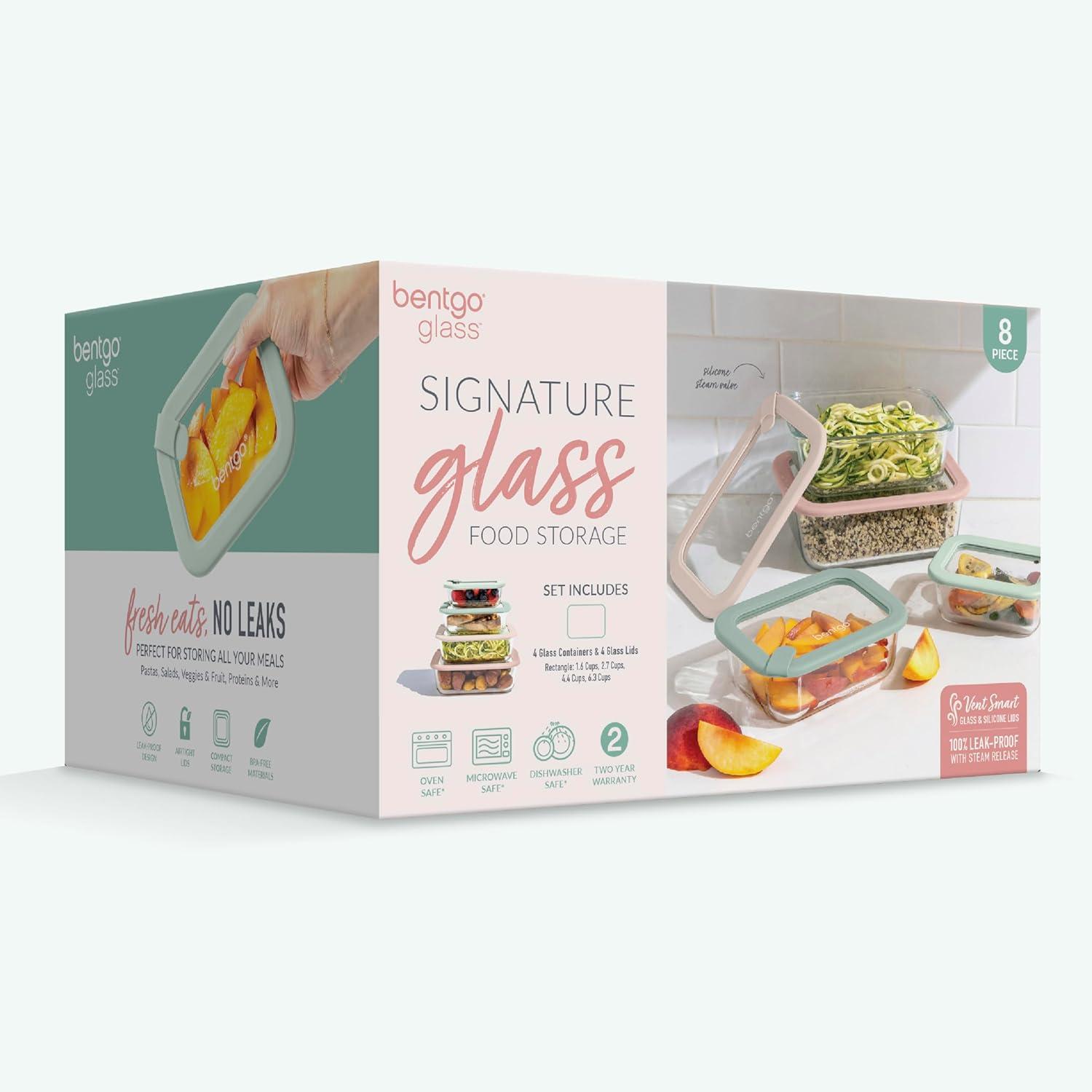imageBentgo Signature LeakProof Glass Food Storage  8Piece Set 1Compartment PlasticFree Containers with Airtight Glass Lids BPAFree Microwave Freezer Oven ampamp Dishwasher Safe White StoneDesert Sage