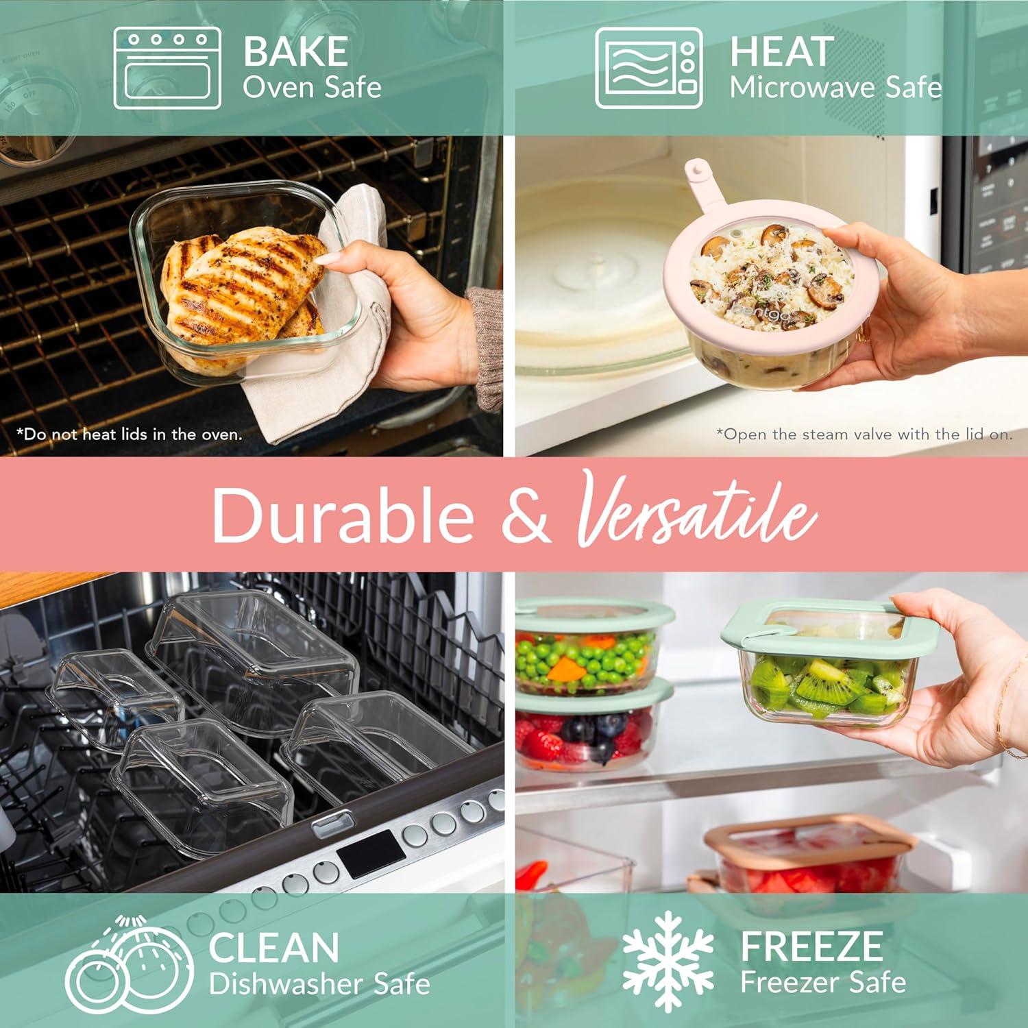 imageBentgo Signature LeakProof Glass Food Storage  8Piece Set 1Compartment PlasticFree Containers with Airtight Glass Lids BPAFree Microwave Freezer Oven ampamp Dishwasher Safe White StoneDesert Sage