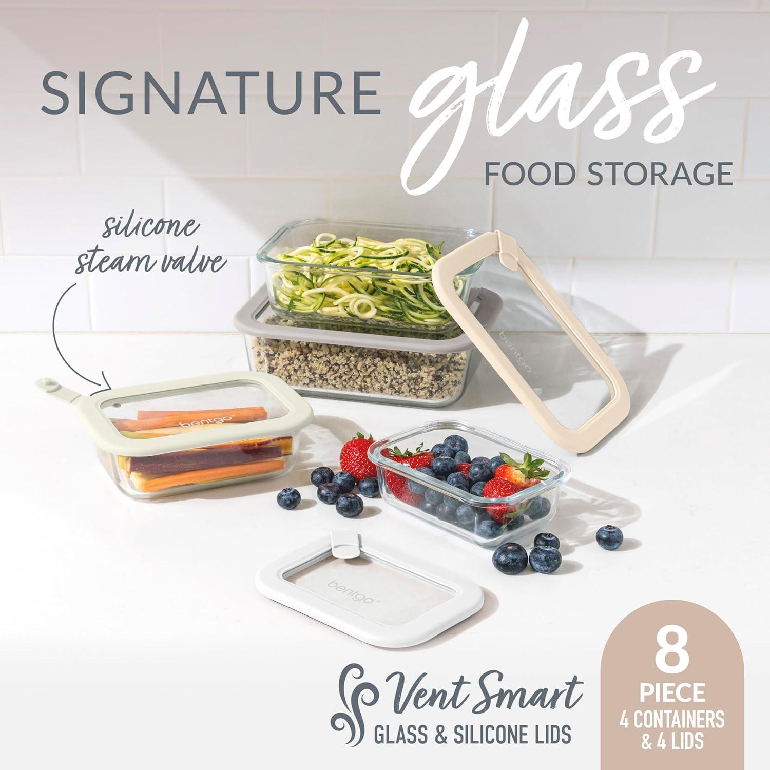 imageBentgo Signature LeakProof Glass Food Storage  8Piece Set 1Compartment PlasticFree Containers with Airtight Glass Lids BPAFree Microwave Freezer Oven ampamp Dishwasher Safe White StoneWhite Stone