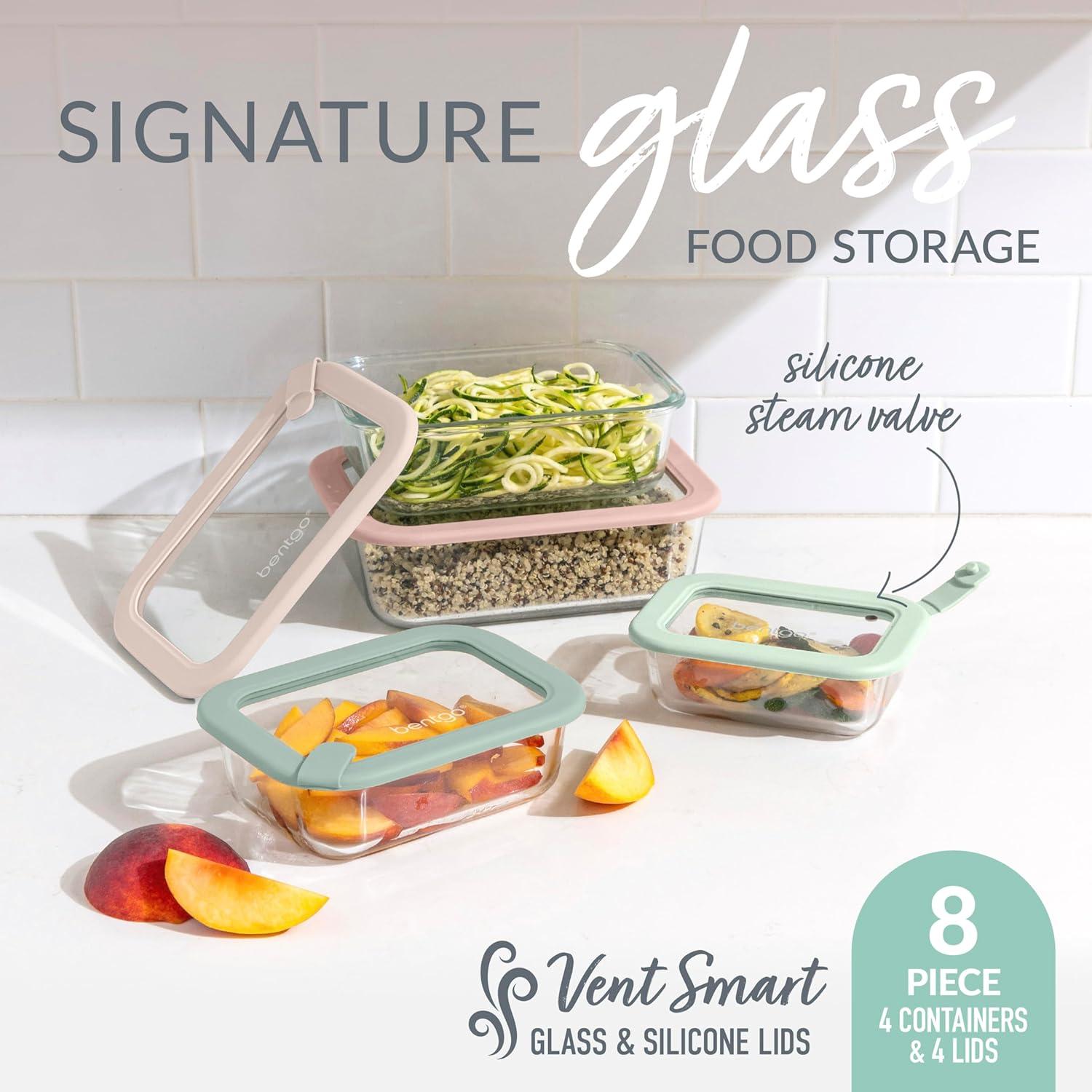 imageBentgo Signature LeakProof Glass Food Storage  8Piece Set 1Compartment PlasticFree Containers with Airtight Glass Lids BPAFree Microwave Freezer Oven ampamp Dishwasher Safe White StoneDesert Sage