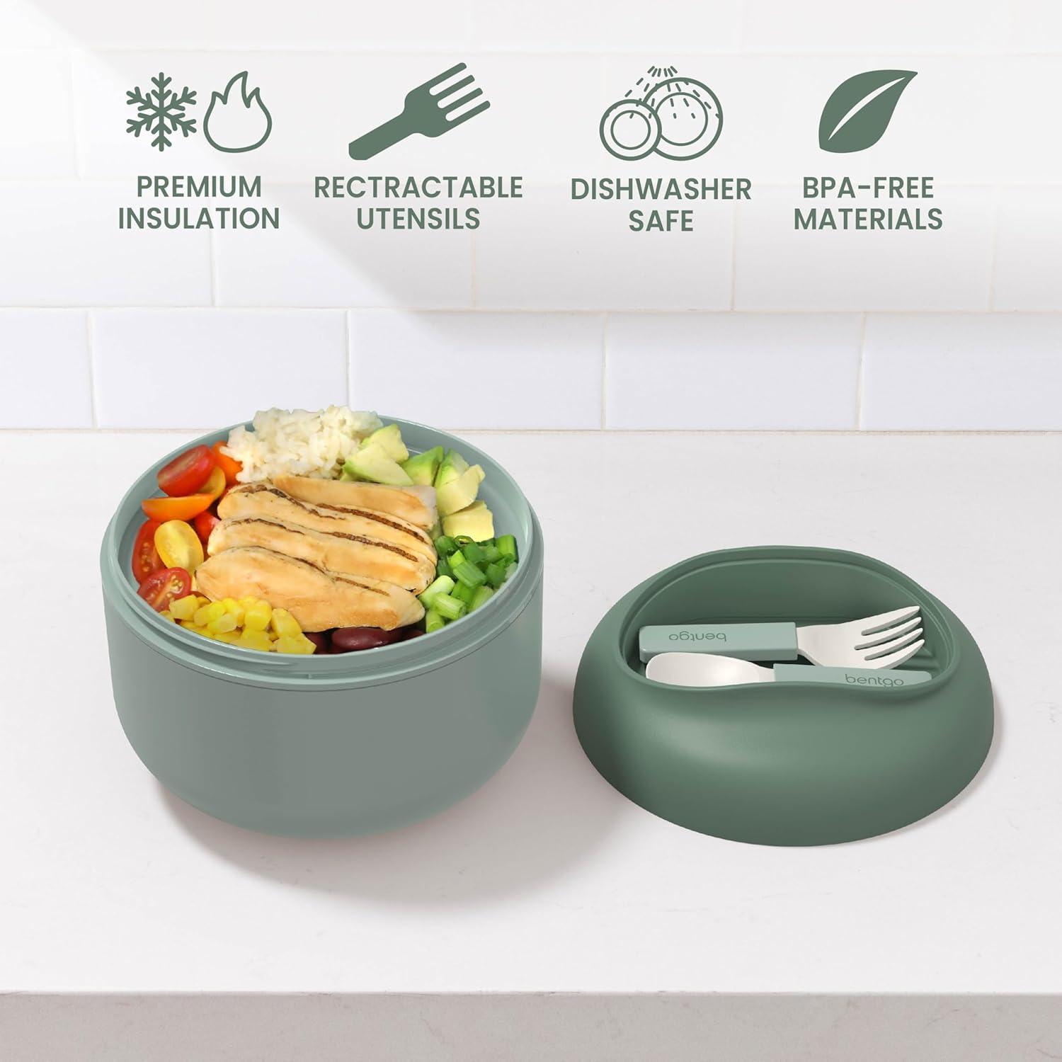 imageBentgo Bowl  Insulated LeakResistant Bowl with Snack Compartment Collapsible Utensils and Improved EasyGrip Design for OntheGo  Holds Soup Rice Cereal ampamp More  BPAFree 212 oz BlushKhaki Green