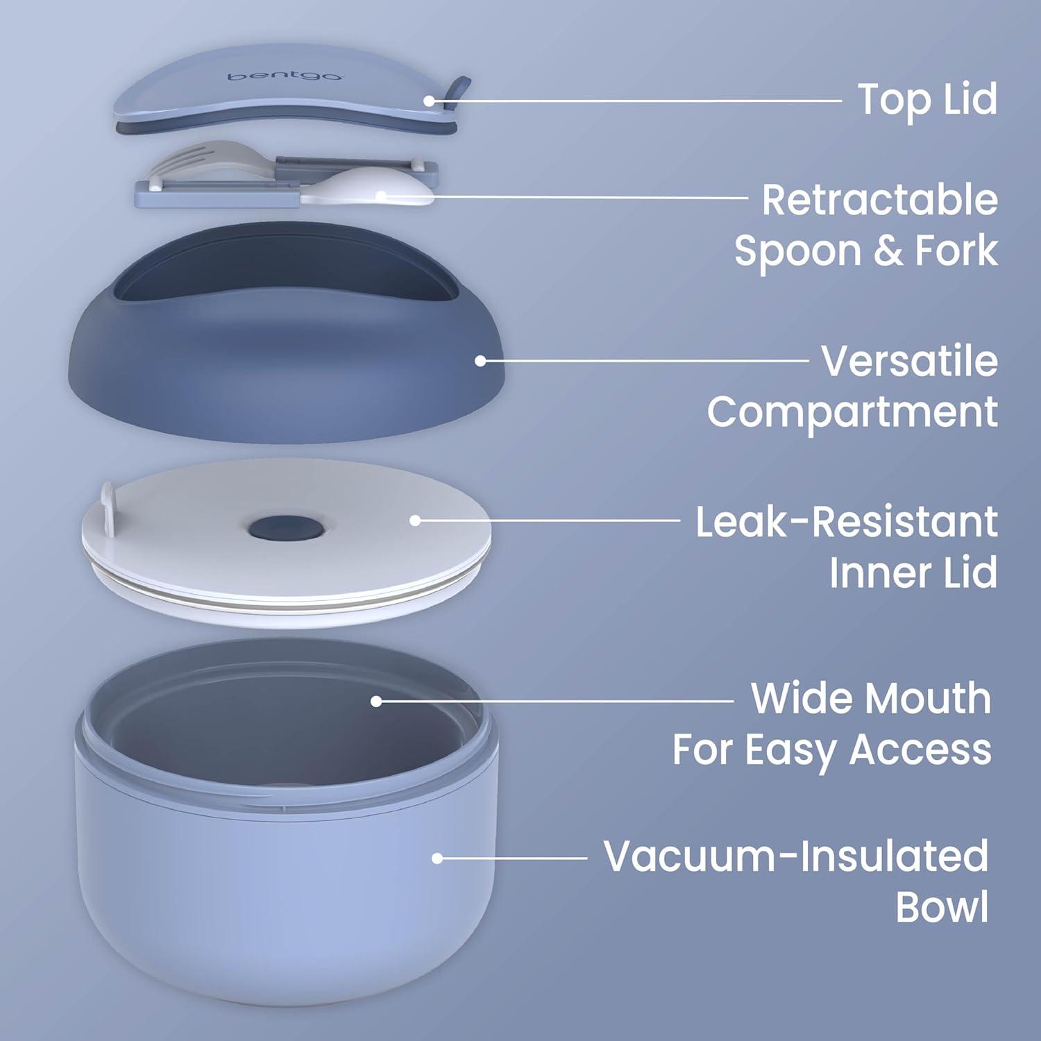 imageBentgo Bowl  Insulated LeakResistant Bowl with Snack Compartment Collapsible Utensils and Improved EasyGrip Design for OntheGo  Holds Soup Rice Cereal ampamp More  BPAFree 212 oz BlushSlate