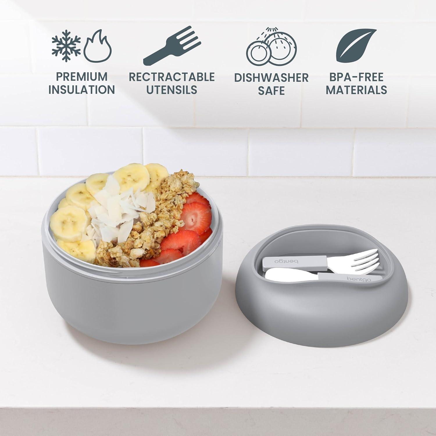 imageBentgo Bowl  Insulated LeakResistant Bowl with Snack Compartment Collapsible Utensils and Improved EasyGrip Design for OntheGo  Holds Soup Rice Cereal ampamp More  BPAFree 212 oz BlushGray
