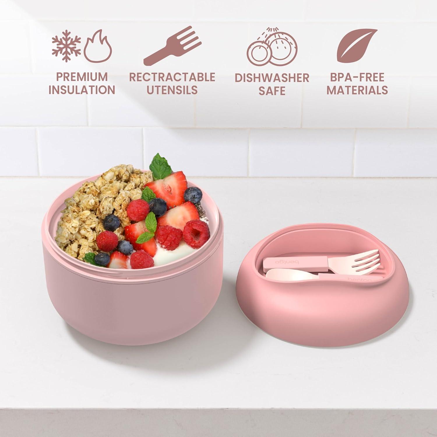 imageBentgo Bowl  Insulated LeakResistant Bowl with Snack Compartment Collapsible Utensils and Improved EasyGrip Design for OntheGo  Holds Soup Rice Cereal ampamp More  BPAFree 212 oz BlushBlush