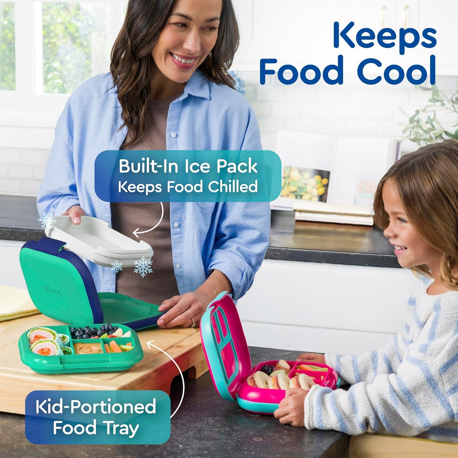 imageBentgo Chill Kids LeakProof Lunch Box  4Compartment Bento Box with BuiltIn Ice Pack 33 Cup Capacity PFAS ampamp BPAFree Microwave ampamp Dishwasher Safe Ideal Size for Ages 3 to 7 PurpleGreenNavy