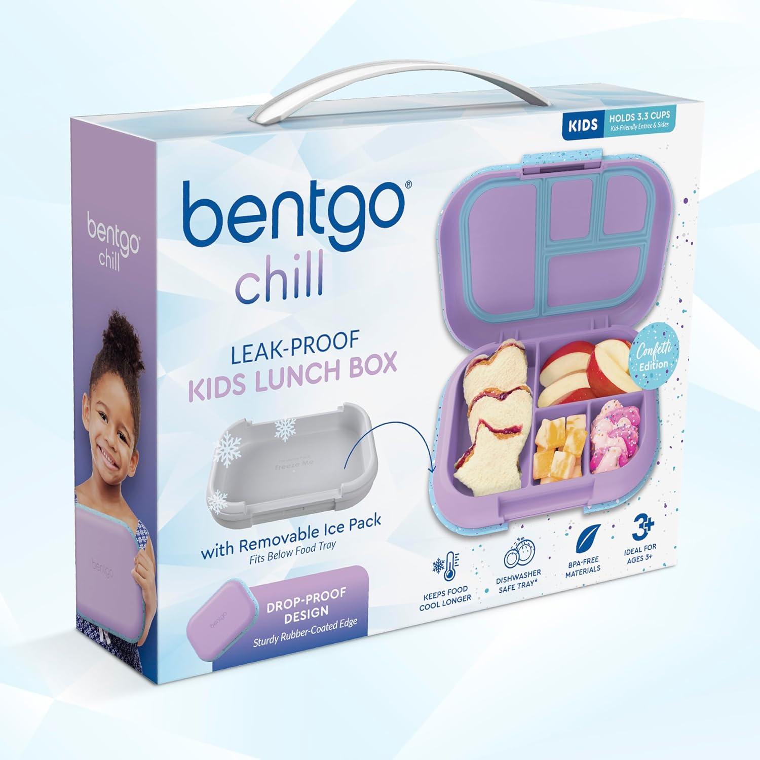imageBentgo Chill Kids LeakProof Lunch Box  4Compartment Bento Box with BuiltIn Ice Pack 33 Cup Capacity PFAS ampamp BPAFree Microwave ampamp Dishwasher Safe Ideal Size for Ages 3 to 7 PurpleConfetti Edition  Vivid Orchid