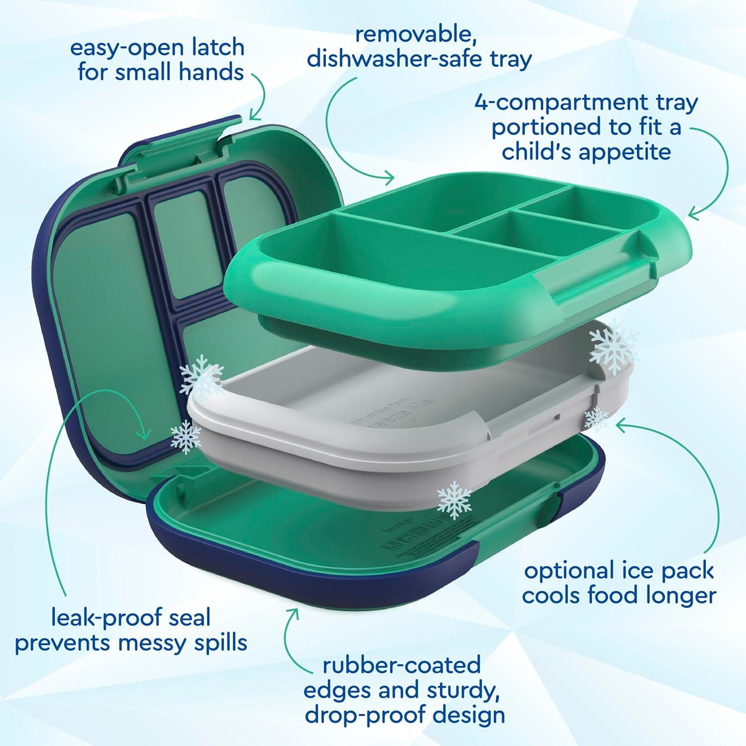 imageBentgo Chill Kids LeakProof Lunch Box  4Compartment Bento Box with BuiltIn Ice Pack 33 Cup Capacity PFAS ampamp BPAFree Microwave ampamp Dishwasher Safe Ideal Size for Ages 3 to 7 PurpleGreenNavy