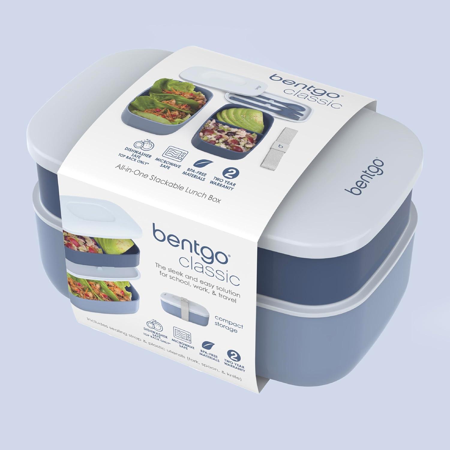 imageBentgo Classic  Adult Bento Box Stackable 3Compartment Lunch Box with Removable Utensil Set and Sealing Strap BPAFree Food Container Ideal for Meal Prep Work and On the Go BlueSlate