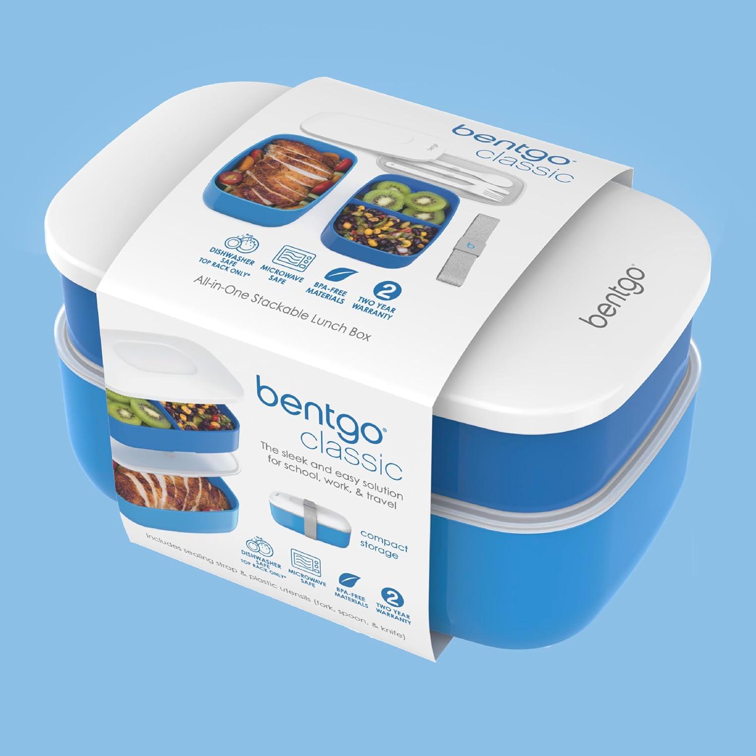 imageBentgo Classic  Adult Bento Box Stackable 3Compartment Lunch Box with Removable Utensil Set and Sealing Strap BPAFree Food Container Ideal for Meal Prep Work and On the Go BlueBlue