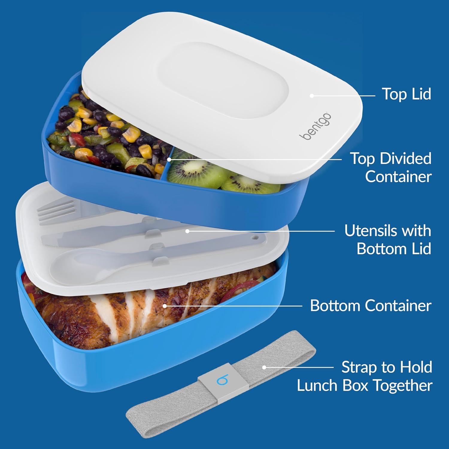 imageBentgo Classic  Adult Bento Box Stackable 3Compartment Lunch Box with Removable Utensil Set and Sealing Strap BPAFree Food Container Ideal for Meal Prep Work and On the Go BlueBlue