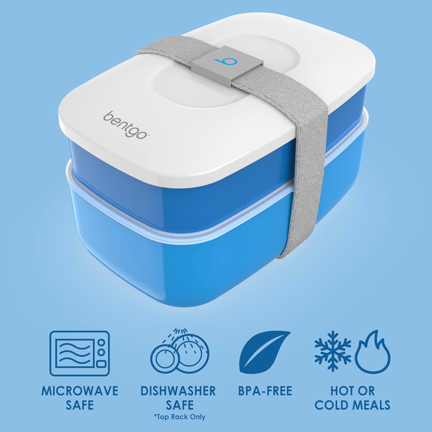 imageBentgo Classic  Adult Bento Box Stackable 3Compartment Lunch Box with Removable Utensil Set and Sealing Strap BPAFree Food Container Ideal for Meal Prep Work and On the Go BlueBlue