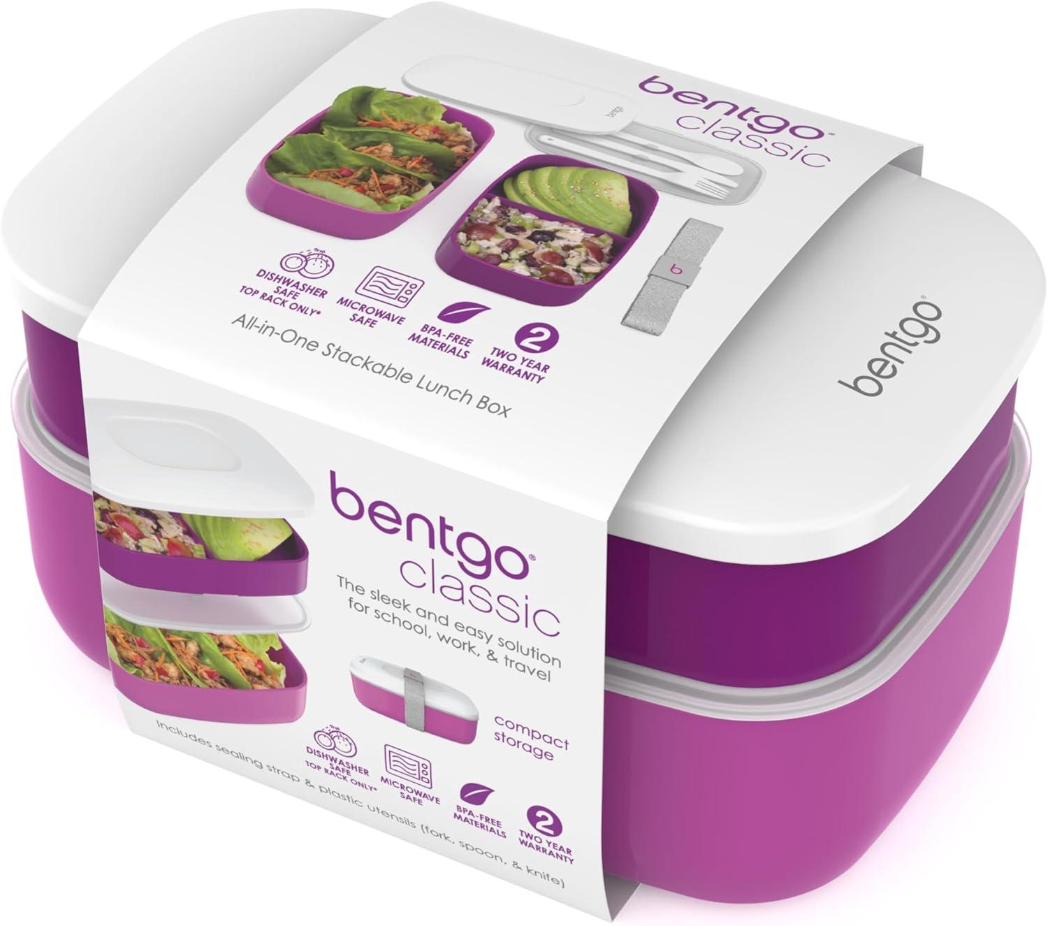 imageBentgo Classic  Adult Bento Box Stackable 3Compartment Lunch Box with Removable Utensil Set and Sealing Strap BPAFree Food Container Ideal for Meal Prep Work and On the Go BluePurple
